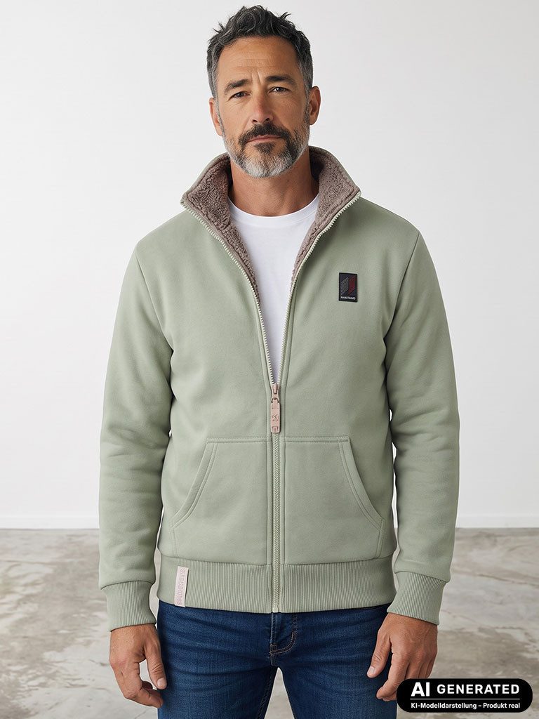 Baumfuchs Sweatjacke Herren Sweatjacke mit Teddyfutter - Gefütterte Jacke mit Stehkragen Sweatqualität melange Effekt, Weiches Futter, Taffeta-Futter im Ärmel
