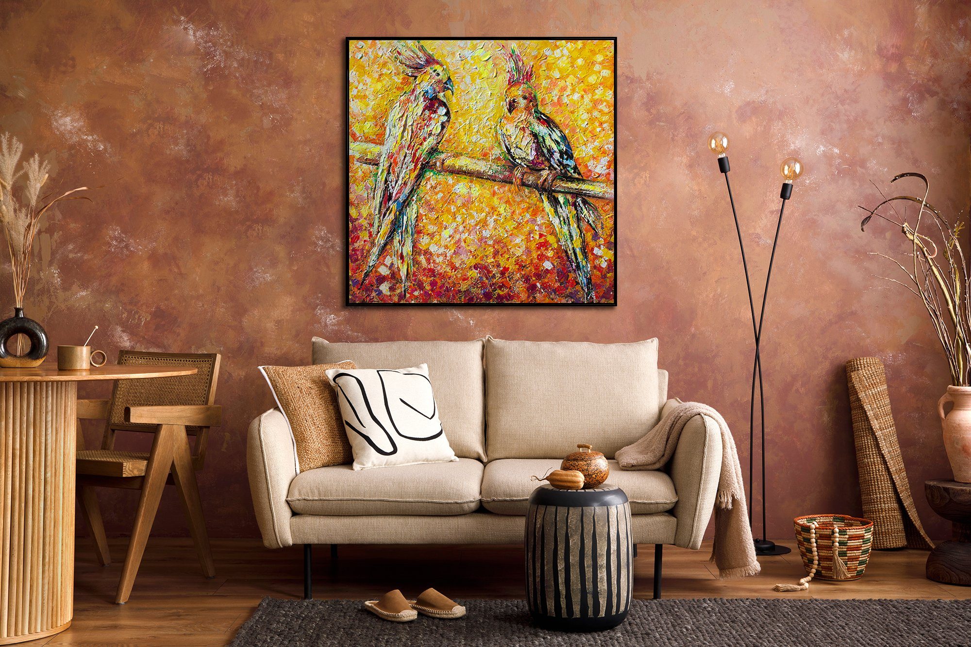 Tierbilder, der Schwarz Rahmen Papagei Rot Sonne, Gemälde Leinwand Handgemalt Orange Mit Bunt in YS-Art Bild Papagei in