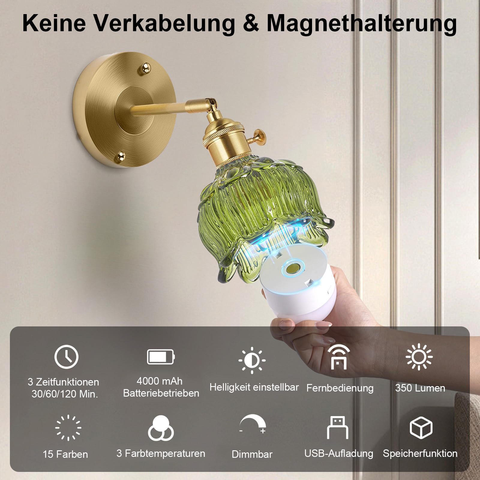 Lapalife Wandleuchte Akku Vintage Wandlampe Innen, Dimmbar,12 RGB-Modi mit Timer, LED fest integriert, Mit Fernbedienung Austauschbare Glühlampe Für Bedside Bedroom Indoor