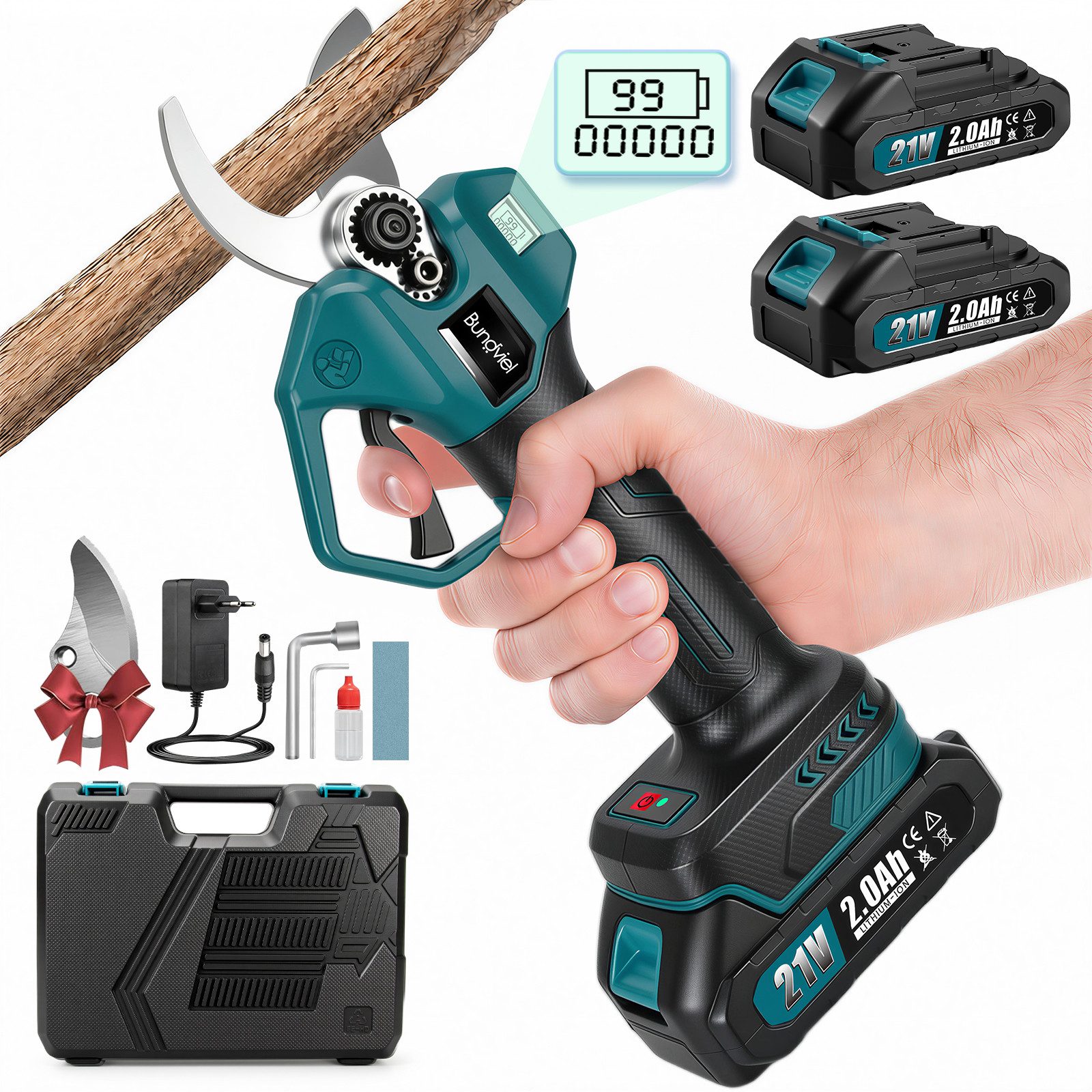 Bundviel Akku-Astschere 21V Elektrische Gartenschere45mm Schnittbreite Baumschere, mit LCD-Display & SK5 Klingen,2x Akkus