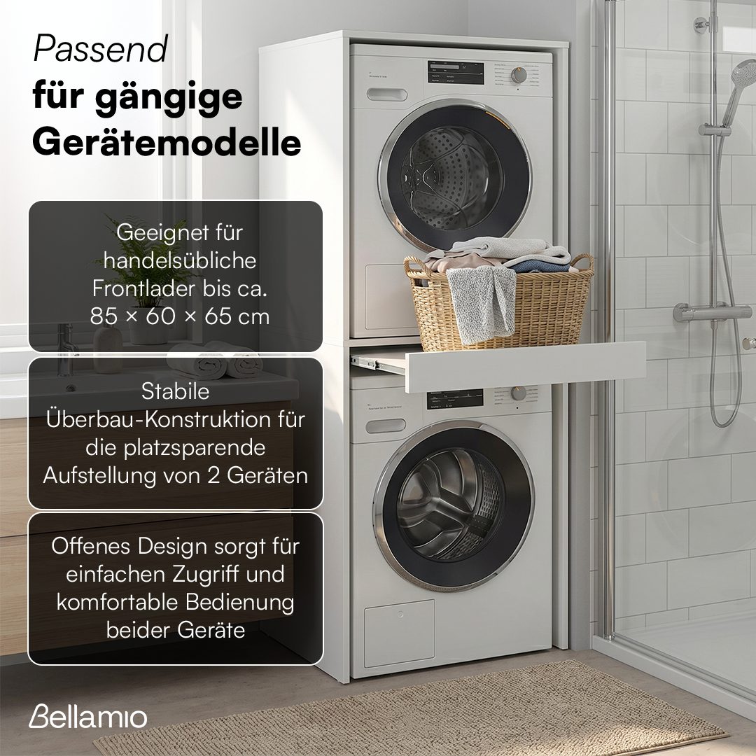 Bellamio Waschmaschinenumbauschrank Vist, Waschturm für Waschmaschine & Trockner mit ausziehbarer Ablage (187 x 65 x 66 cm (HxTxB), weiß) Hochschrank kompatibel – Bild 2 von 5