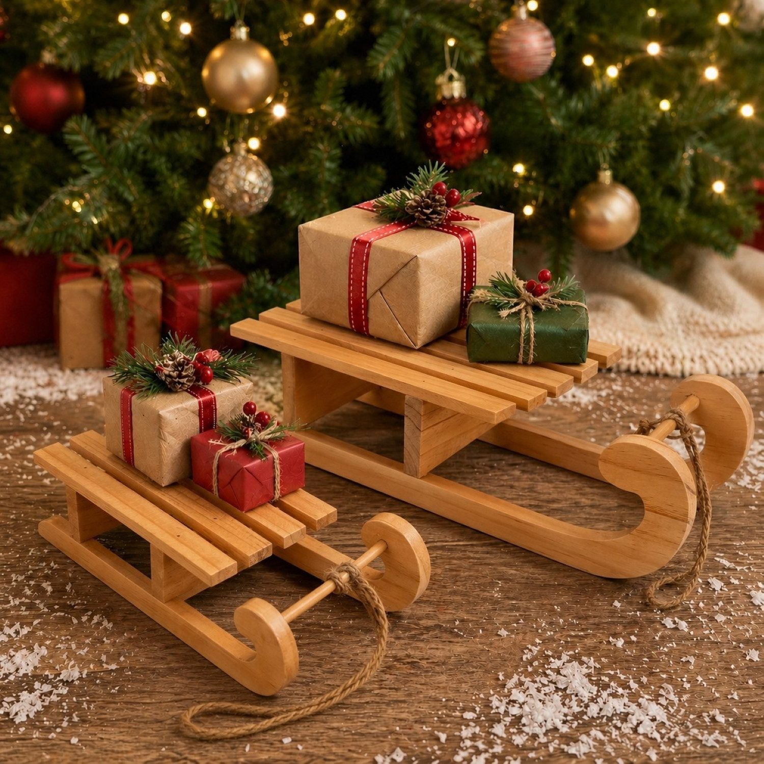 Online-Fuchs Dekofigur - 2 Schlitten aus Holz als Weihnachtsbaum Dekoration - Winterdeko (inklusive Bastseil, charmantes, nostalgisches Design), 25 und 37 cm lang