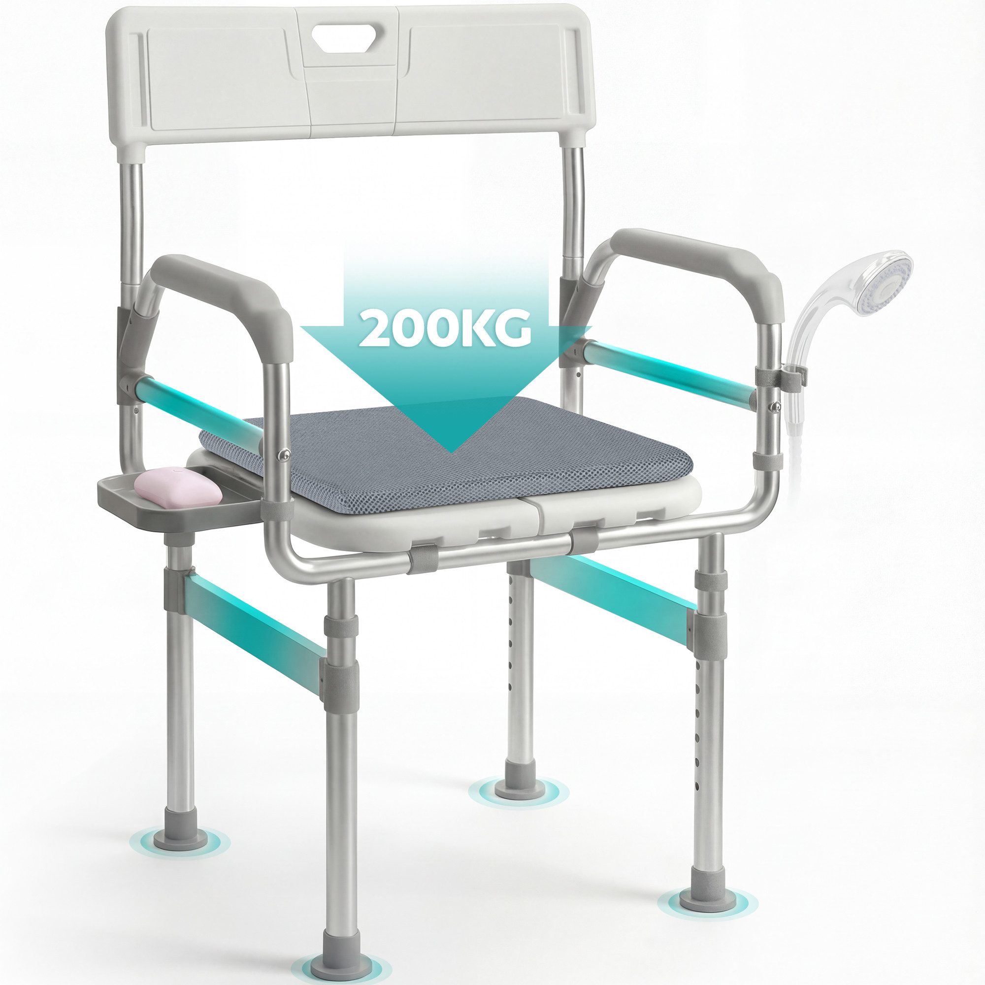 HOMECALL Duschstuhl Duschhocker faltbarer mit Sitzkissen Höhenverstellbarer-Aluminium, Duschhocker mit Armlehnen, Rückenlehne und Ablagebrett
