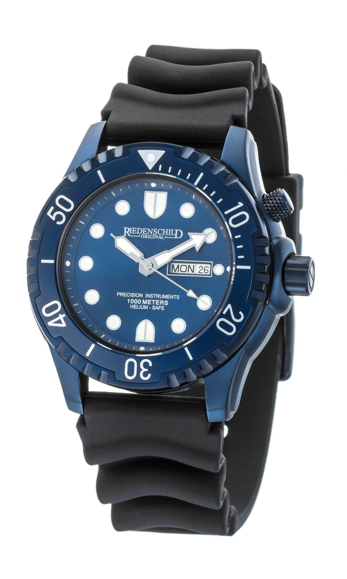Riedenschild Taucheruhr RS8000-11, Blau, 100 ATM Wasserdicht, 46 mm, Silikon- & Edelstahlband, Heliumventil, Robuste Armbanduhr für Tauchen und Sport