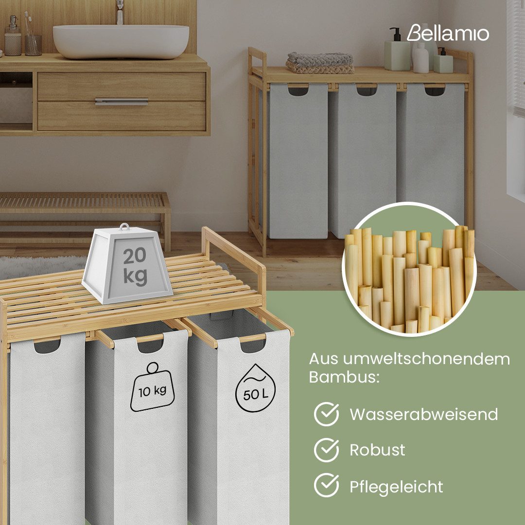 Bellamio Wäschekorb Newa aus Bambus (3 Fächer mit 1 Ablage, Hellgrau 150 L), ausziehbare & abnehmbare Wäschesäcke aus Oxford-Gewebe