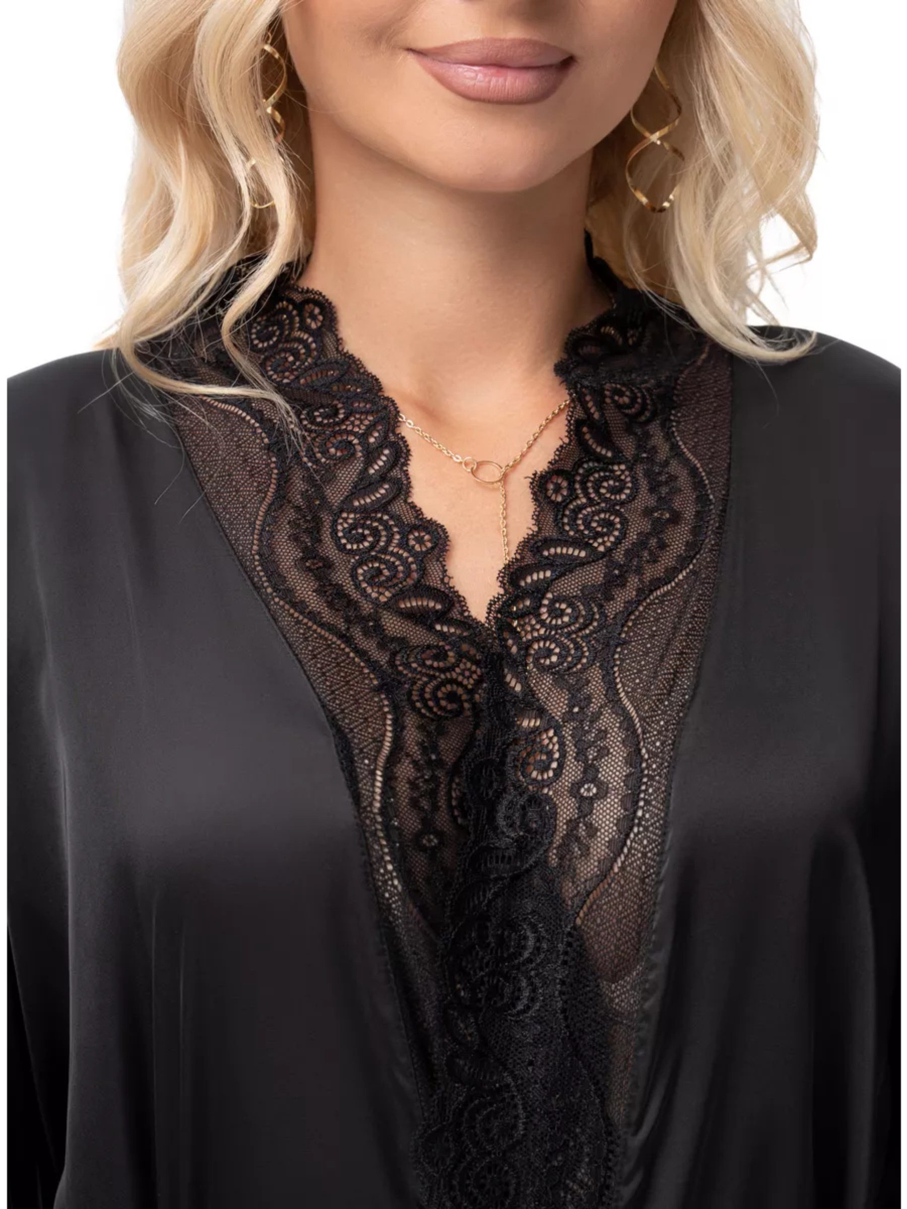 Elegant Love Kimono Damen-Morgenmantel aus Satin mit feiner Spitze und weiten Ärmeln, Gürtel Spitzenbesatz, V-Ausschnitt, lange Form, Bindeband, Robe in Schwarz mit Spitzenbordüre und Taillenschnürung - Hausmantel