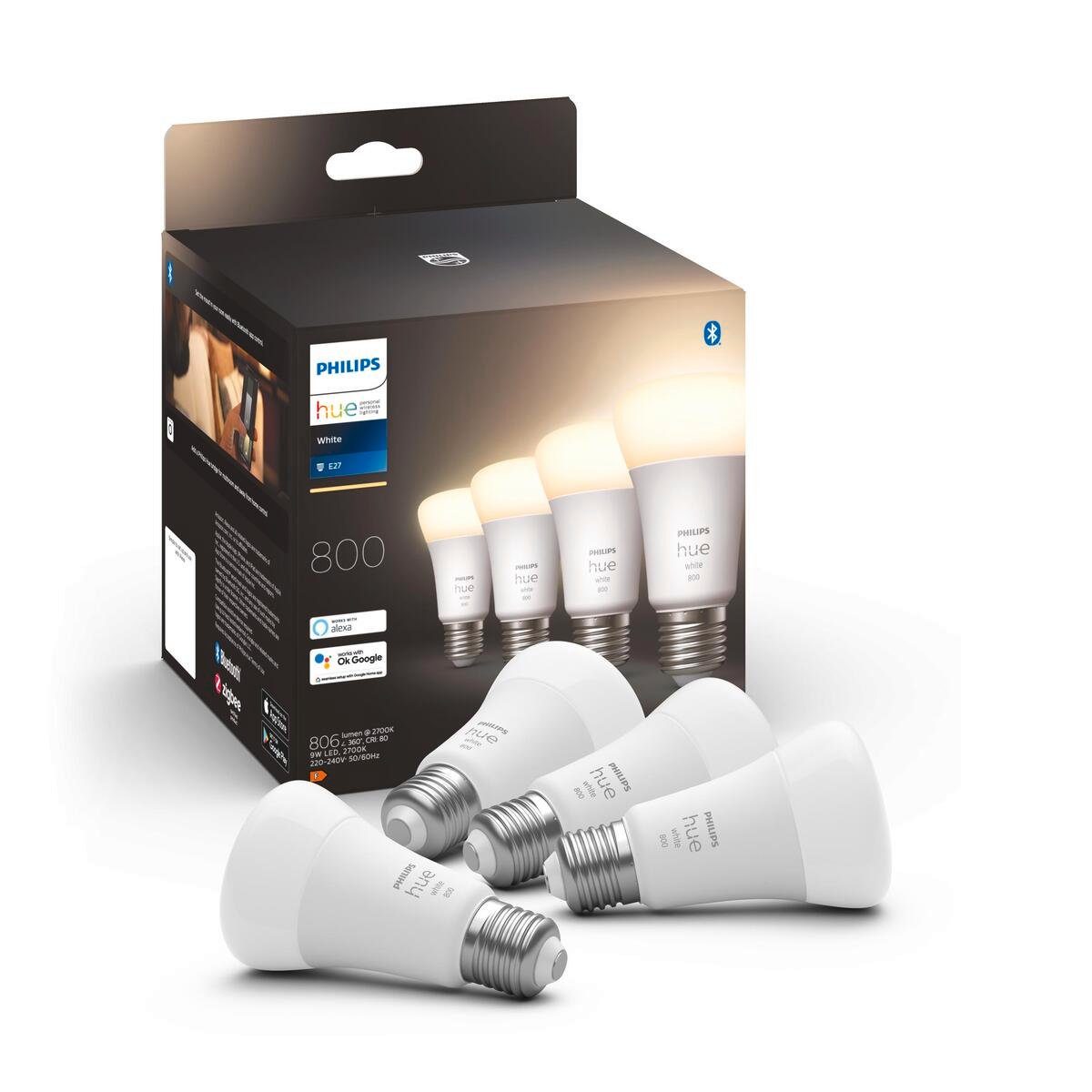 Philips E27, Hue LED-Leuchtmittel LED Warmweiß Leuchtmittel Viererpack, E27