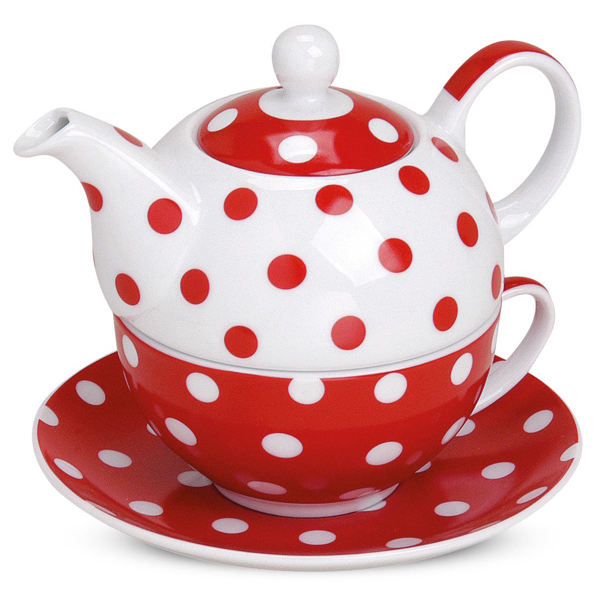 matches21 HOME & HOBBY Teekanne Süße Teekanne Teetasse mit Untertasse Set rot gepunktet, 0.4 l, (1-St), Tee Kaffee-Becher, klassisch, Geschenk-Set, 600ml