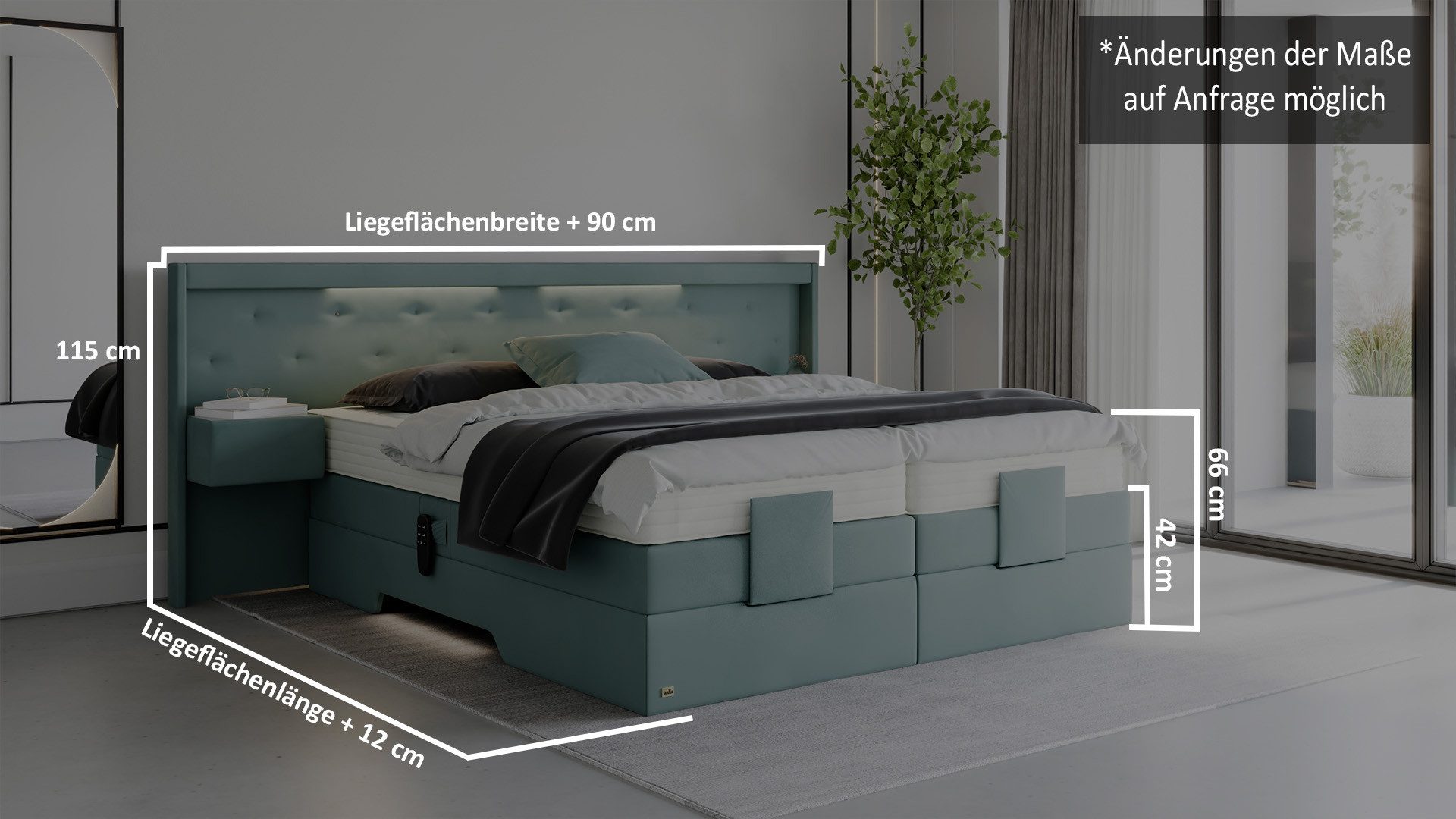 PAARA Boxspringbett mit Nachttisch elektrisch verstellbar LED Modell Paris, mit einzigartigem Belüftungssystem