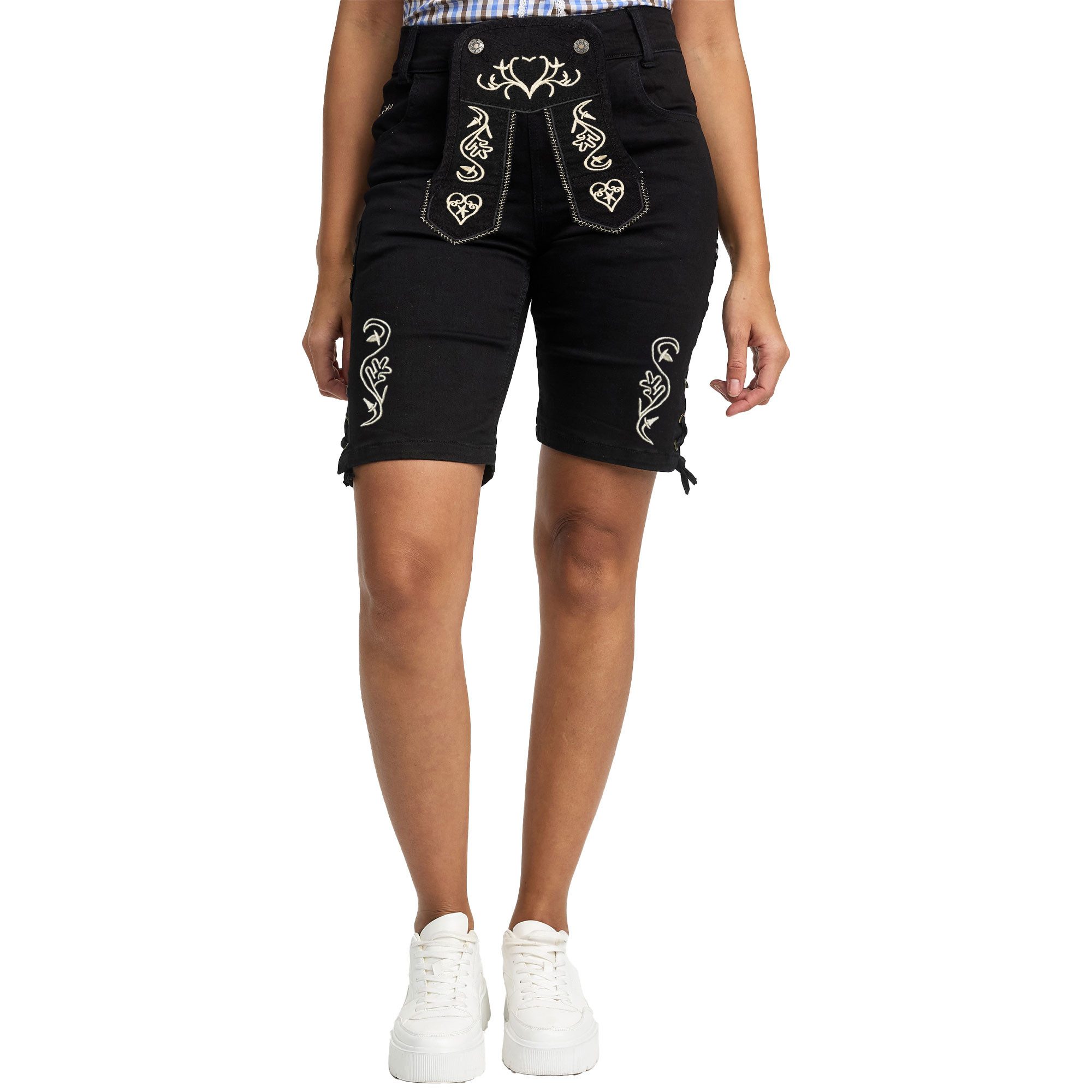 Steigenhöfer Manufaktur Trachtenjeans im Lederhosen Look - Damen Shorts - Stretch für Komfort - Capri Jeans Traditionelles Design - Ideal für Oktoberfest usw. - auch als 3/4 Hose