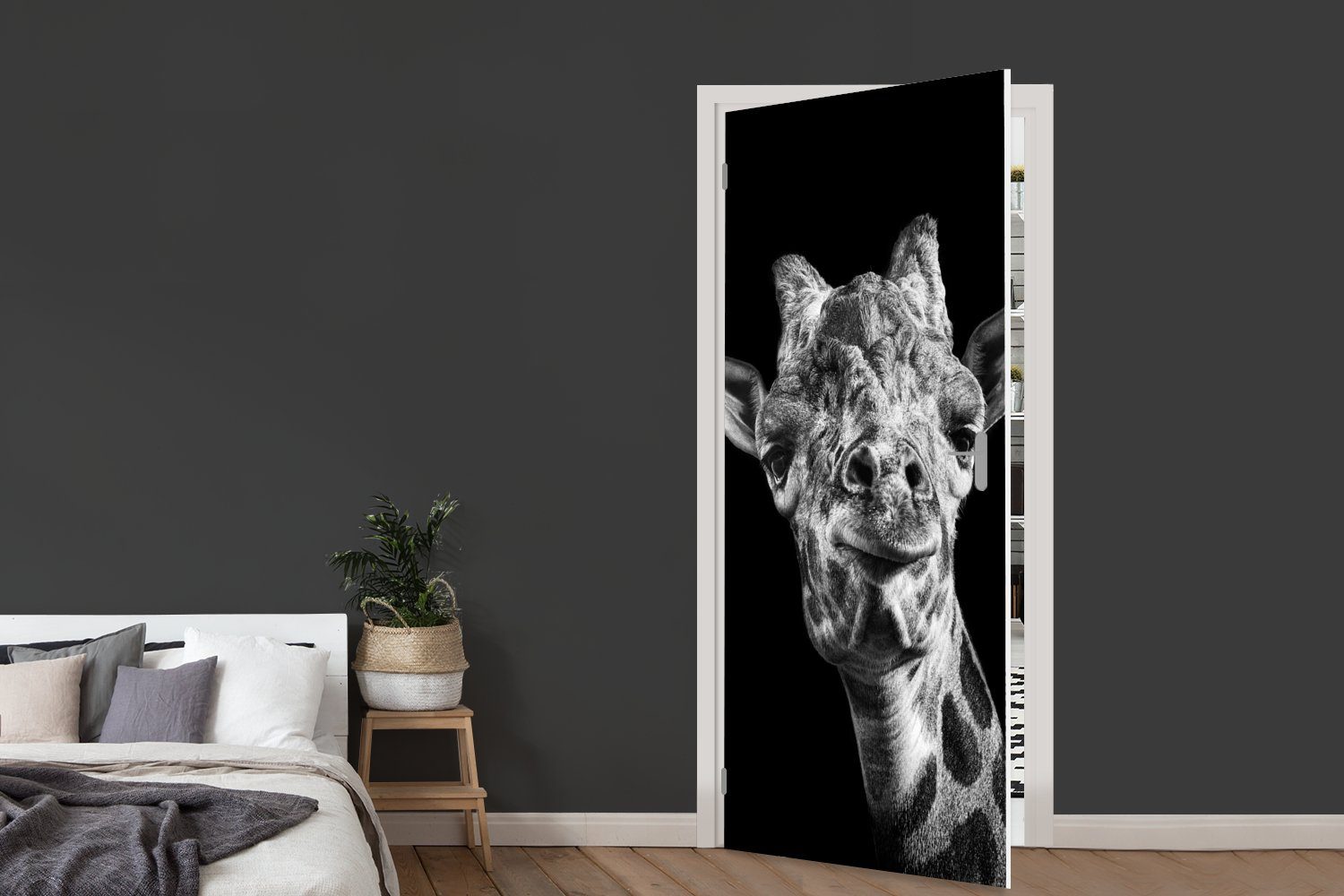 75x205 St), Türtapete bedruckt, cm Weiß, Giraffe - Tier - Tür, (1 Schwarz MuchoWow Matt, Türaufkleber, Fototapete - für