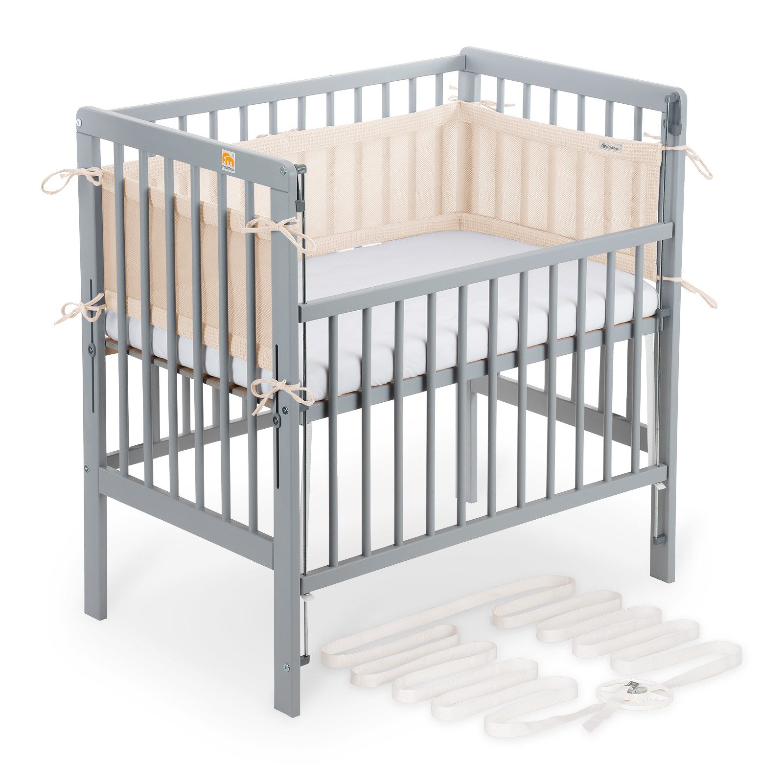 FabiMax Beistellbett Beistellbett Flex 90x55, TÜV geprüft, aus Buchenholz grau lackiert, stufenlos höhenverstellbar, passend für Boxspringbetten, 2 in 1