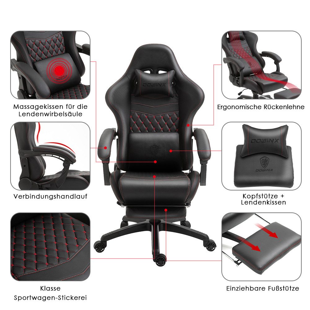 Dowinx Gaming-Stuhl Luxuriöser Chefsessel Ergonomisch aus PU Leder (Packung), Massage-Lendenstütze & Fußstütze, Verstellbarer Bürostuhl 90°-170° – Bild 5 von 5