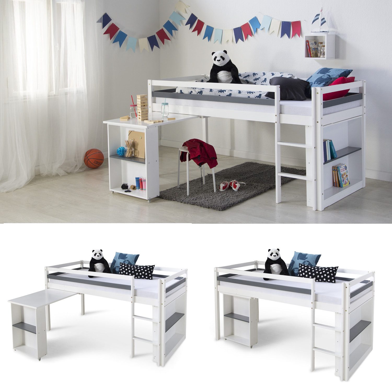 Homestyle4u Hochbett 90x200 Kinderbett Hochbett Weiß Massiv Kiefer Fächer Stauraum Treppe (Schreibtisch auf Rollen) mit Rausfallschutz, Schreibtisch auf Rollen, Jungen Mädchen