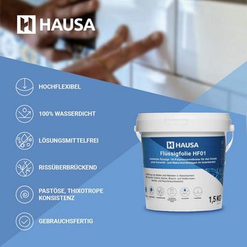 Hausa Dichtstoff Flüssigfolie HF01, Dichtfolie für Bad Dusche Küche 1,5kg, Eimer, (bis 1,5m² blau Badabdichtung, absolut wasserdicht lösemittelfrei Dichtmasse), Duschabdichtung elastische Abdichtung unter Fliesen