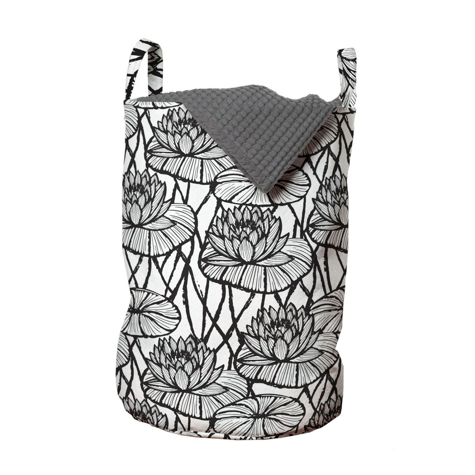 Abakuhaus Wäschesäckchen Wäschekorb mit Griffen Kordelzugverschluss für Waschsalons, Blume Ink Hand Drawn Seerose