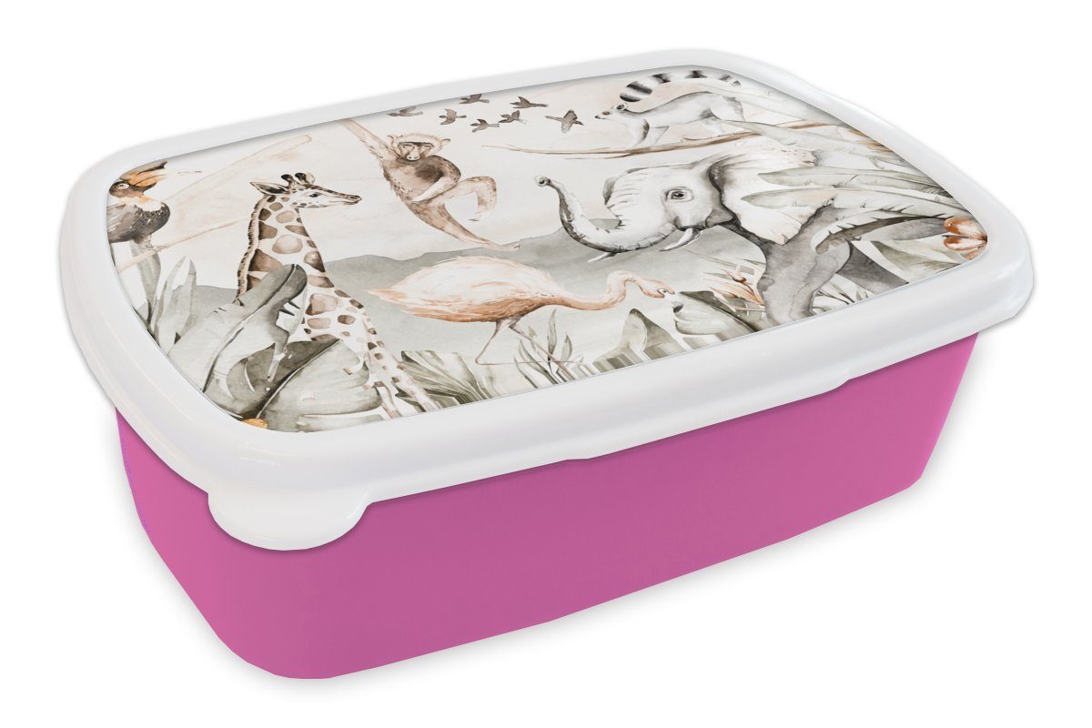 MuchoWow Lunchbox Wasserfarben - Tiere - Dschungel - Jungen - Mädchen - Kinder - Kinder, Kunststoff, (2-tlg), Brotbox für Erwachsene, Brotdose Kinder, Snackbox, Mädchen, Kunststoff rosa