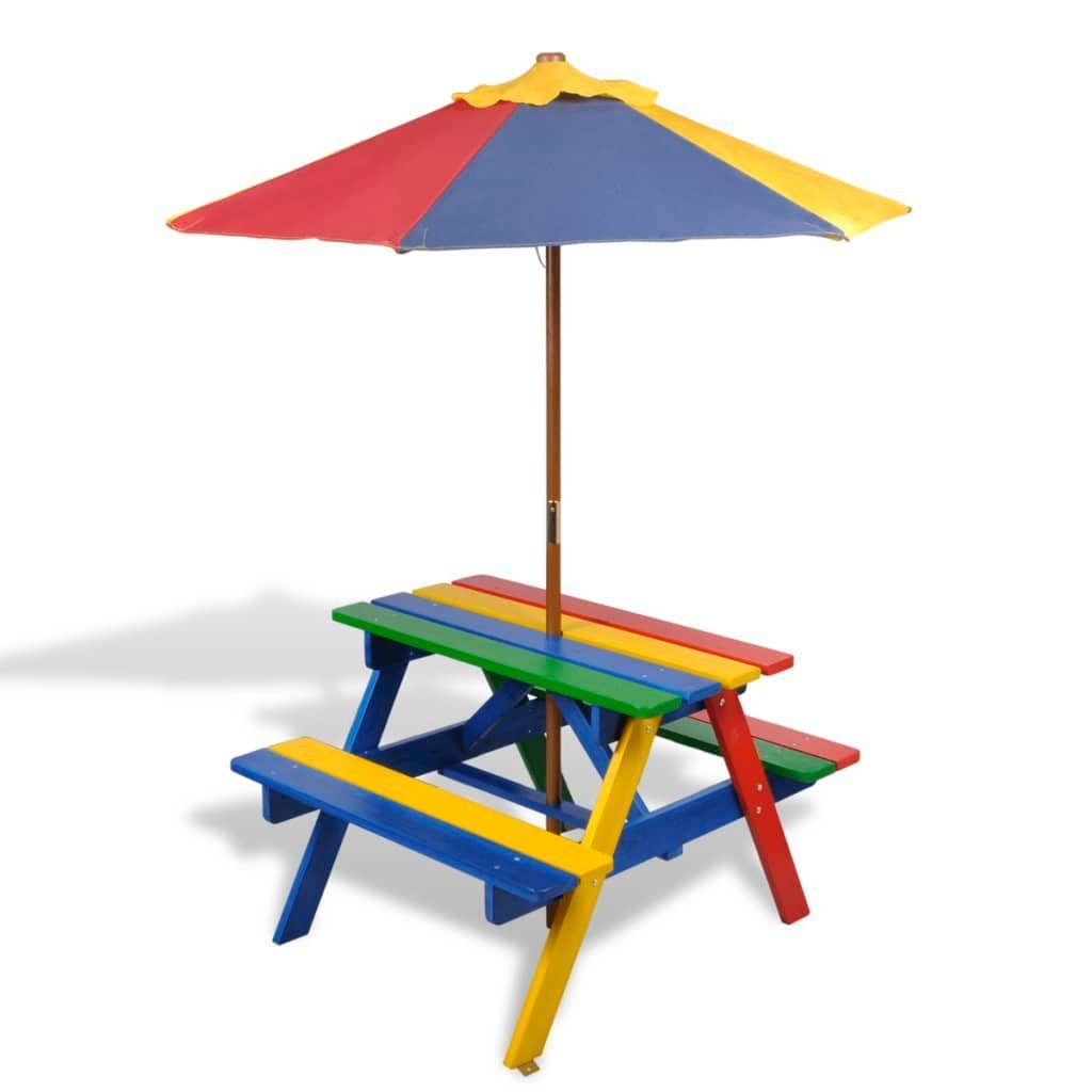 vidaXL Gartentisch Kinder-Picknicktisch Sonnenschirm Mehrfarbig Holz Bänken mit