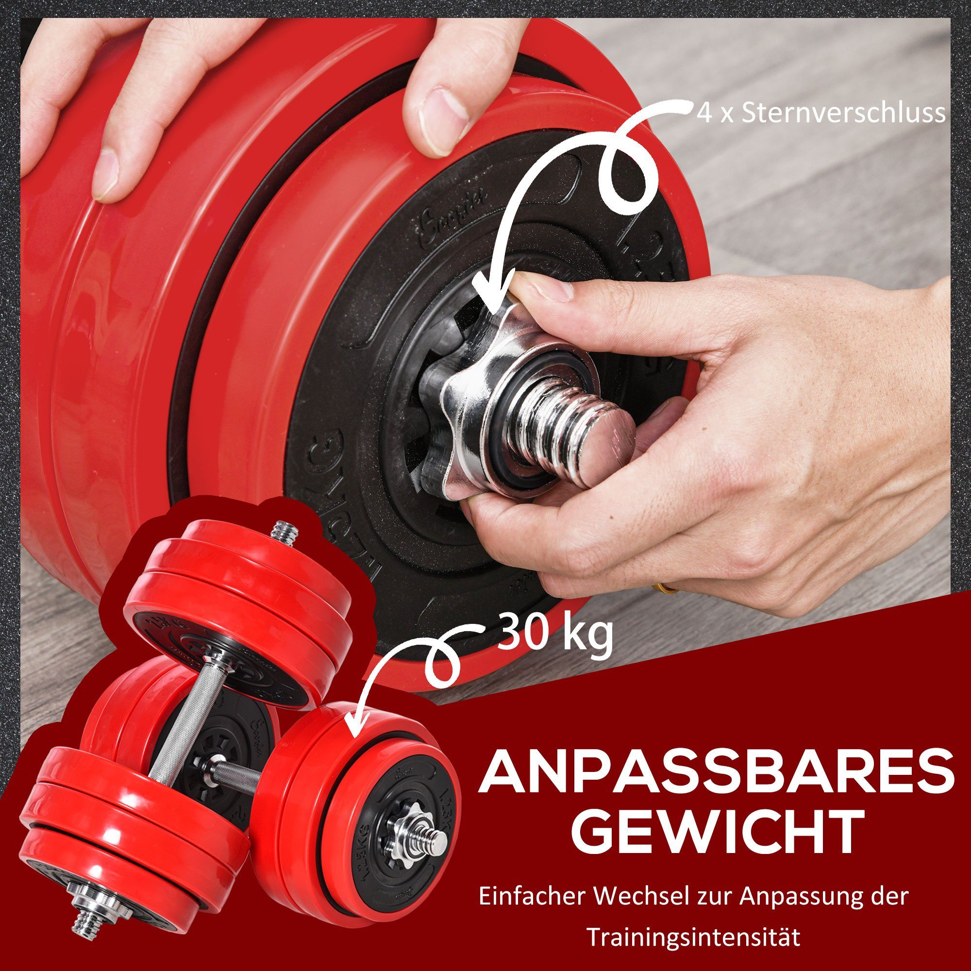 HOMCOM Hantel-Set 30KGS 2-IN-1 Hanteln&Langhanteln, (Krafttrainingsset, Gewichthebensset), Stahl Eisen Sand Rot+Schwarz