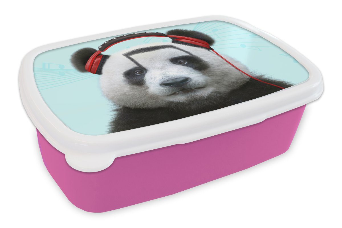 MuchoWow Lunchbox Panda - Kopfhörer - Tier - Musiknoten - Rot, Kunststoff, (2-tlg), Brotbox für Erwachsene, Brotdose Kinder, Snackbox, Mädchen, Kunststoff rosa