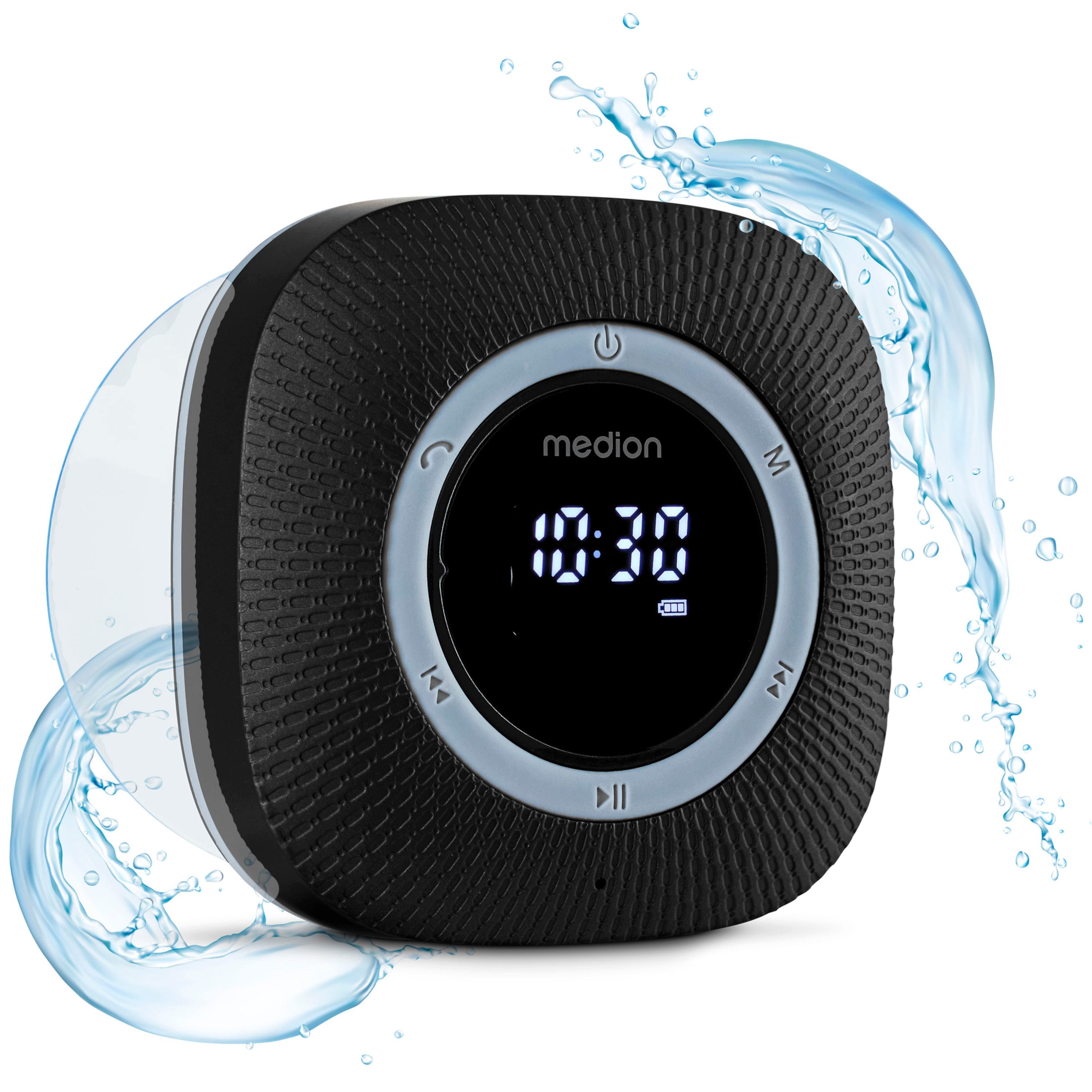 Medion® S66884 (MD 43884) Duschradio mit Bluetooth Radio (MW/UKW, 3 W, Saugnapf, LED-Display, IPX6 Wasserdicht, integrierter Akku, schwarz)