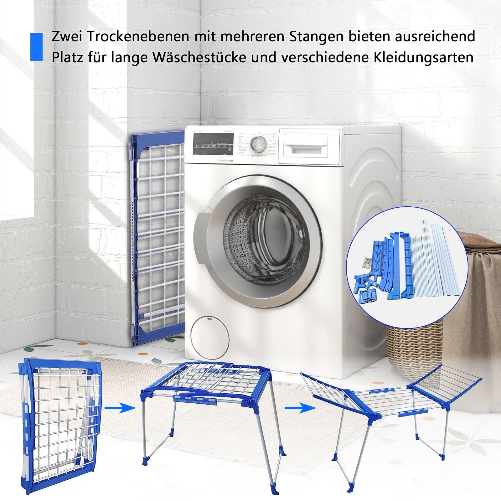 Rhein Beleuchtung Flügelwäschetrockner Klappbarer Flügelwäscheständer für Balkon & Bad, Platzsparend, stabil & rostfrei – wäscheständer ausziehbar