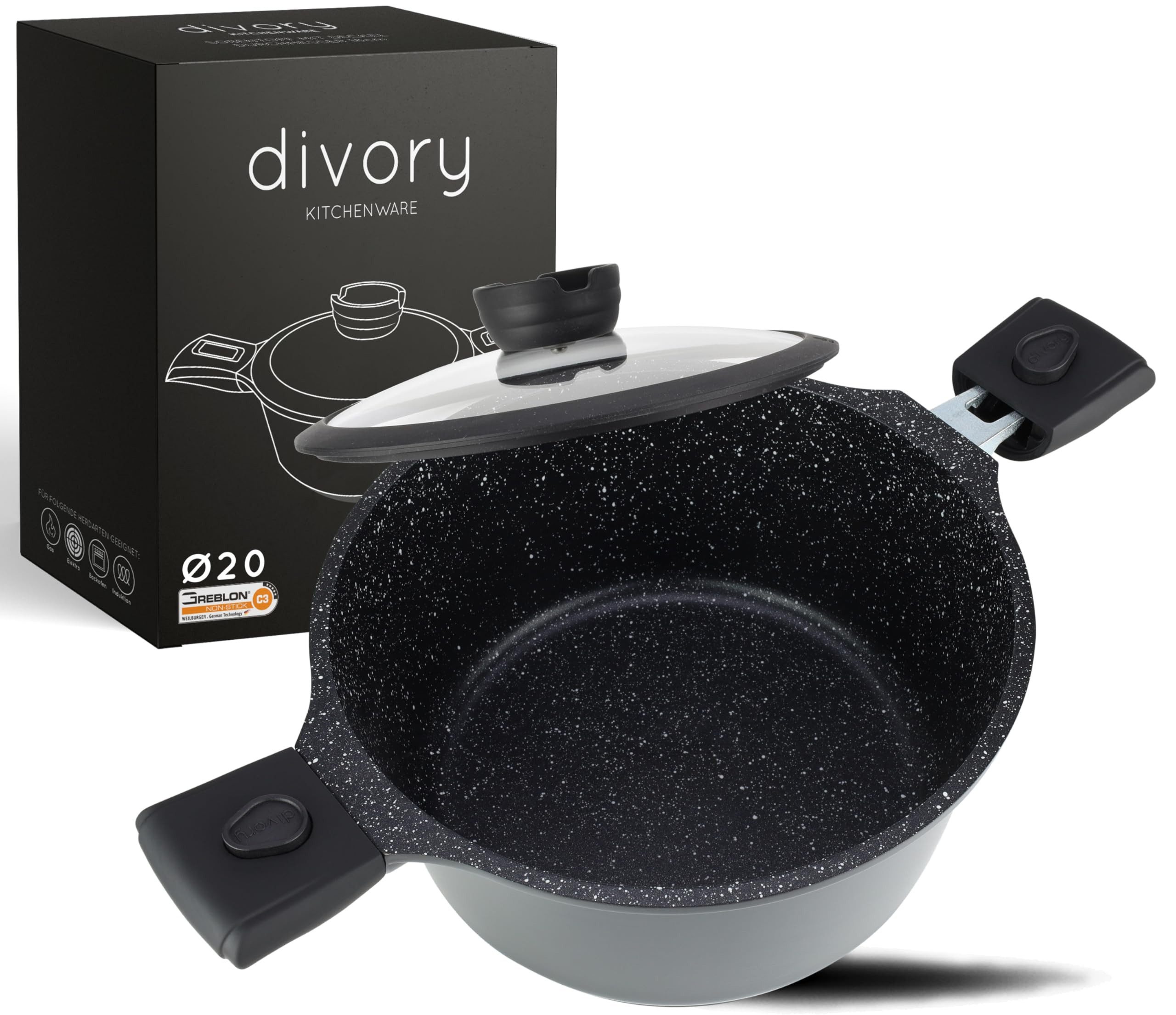 divory Kochtopf 20cm – 3L Topf groß mit Deckel, Gemüsetopf Induktion, Aluminium, Suppentopf mit abnehmbaren Griffen, Fleischtopf hoch Schwarz