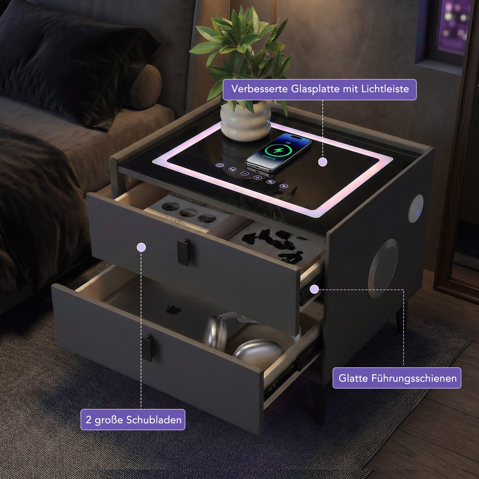 oyajia Nachttisch Nachtschrank mit Bluetooth-Lautsprecher & Kabelloser Ladefunktion (Touch-Bedienung, Elegantes Spiegel-Design), Modern Hochglanz Nachtschrank mit 2 Schubladen
