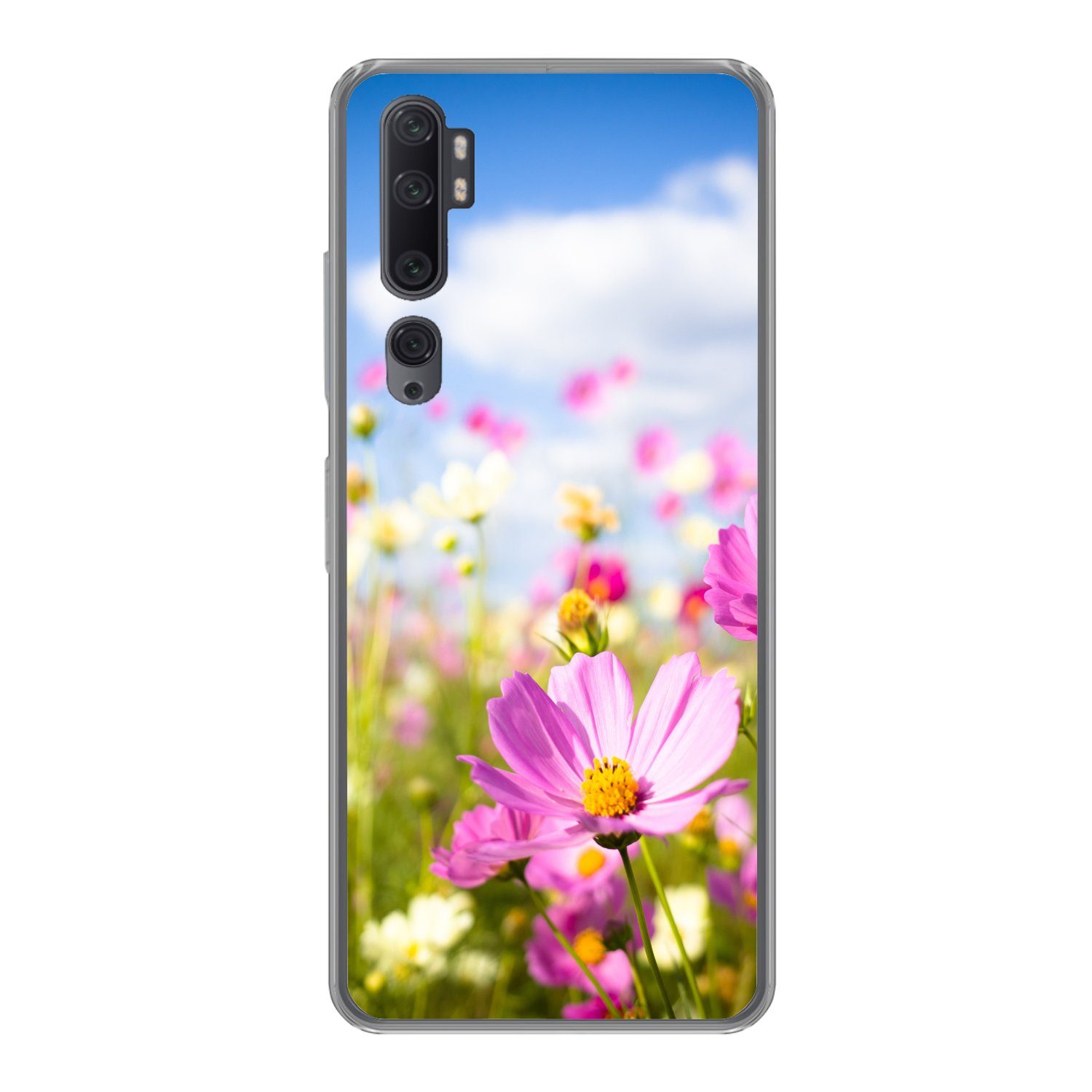 MuchoWow Handyhülle für Xiaomi Mi Note 10 Blumen - Wiese - Lila - Gras - Weiß - Wolken - B