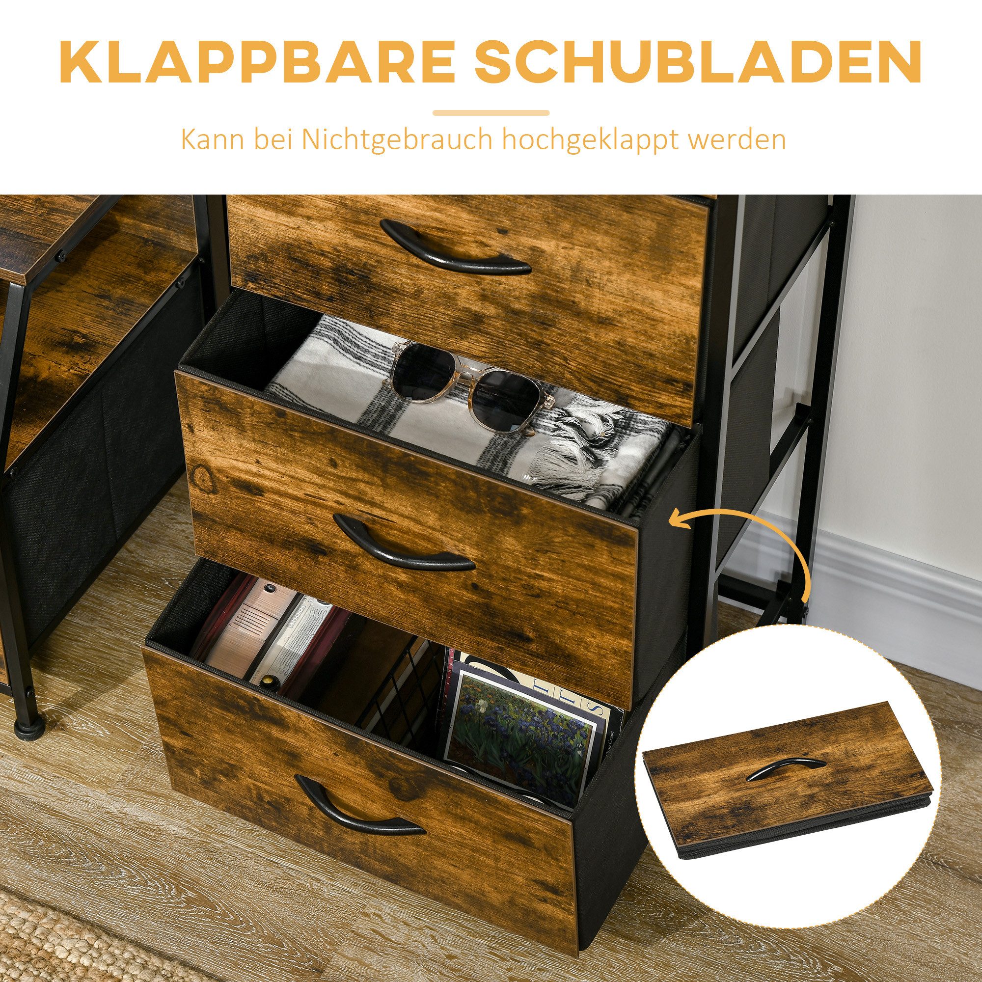 HOMCOM Kommode Aufbewahrungsschrank mit 3 Schubladen, Ablage mit Stahlgestell (Lagerschrank aus Stoff mit Ausstellungsregalen, 1 St., mit Regal, Griff), für Woh – Bild 5 von 5