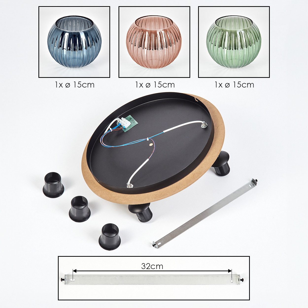 hofstein Deckenleuchte Deckenlampe aus Metall/Holz/Riffelglas, Schwarz/Natur/Blau/Grün/Kupfer, Deckenleuchte im Retro/Vintage-Design (Schirme Ø 15 cm), 3 x E27