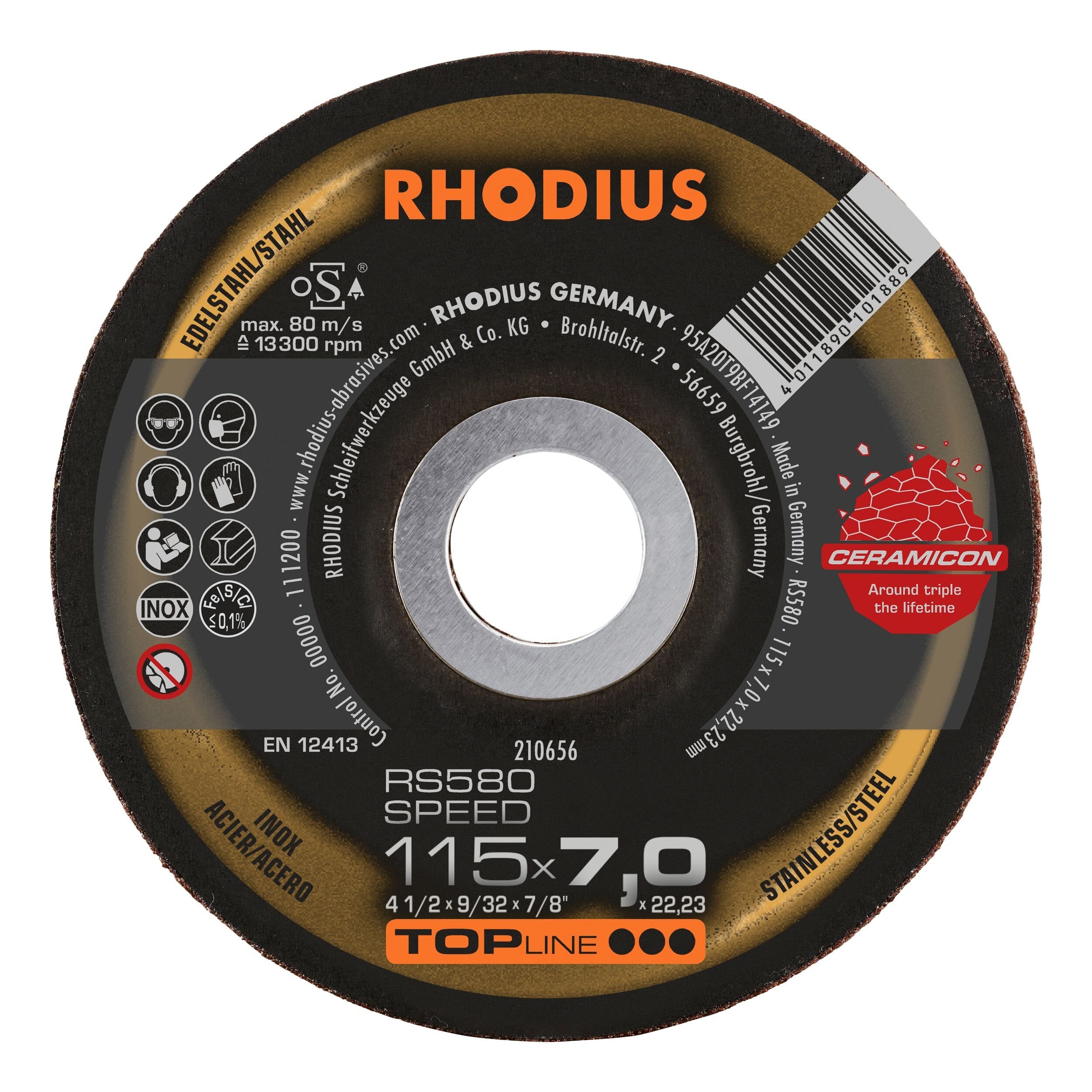 Rhodius Schruppscheibe TOPline RS, Ø 115 mm, TOPline RS580 SPEED - 115 x 7 x 22,23 mm