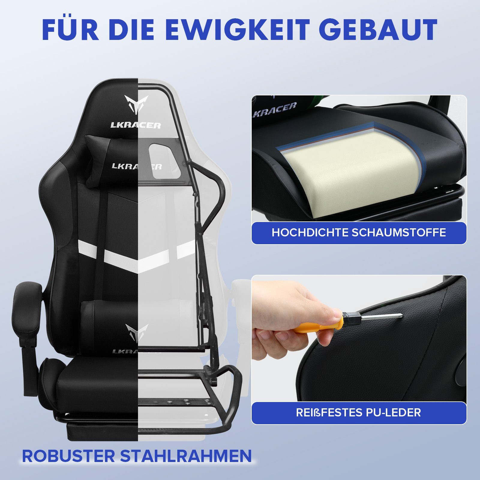 LUCKRACER Gaming-Stuhl Gaming Chair Bürostuhl Ergonomisch mit Lendenkissen Kopfkissen, Höhenverstellbarer Gamer Stuhl 150kg Belastbar – Bild 2 von 5