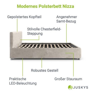 Juskys Polsterbett Nizza, 120x200 cm, Samt-Bezug, LED-Licht, großer Bettkasten, inkl. Matratze