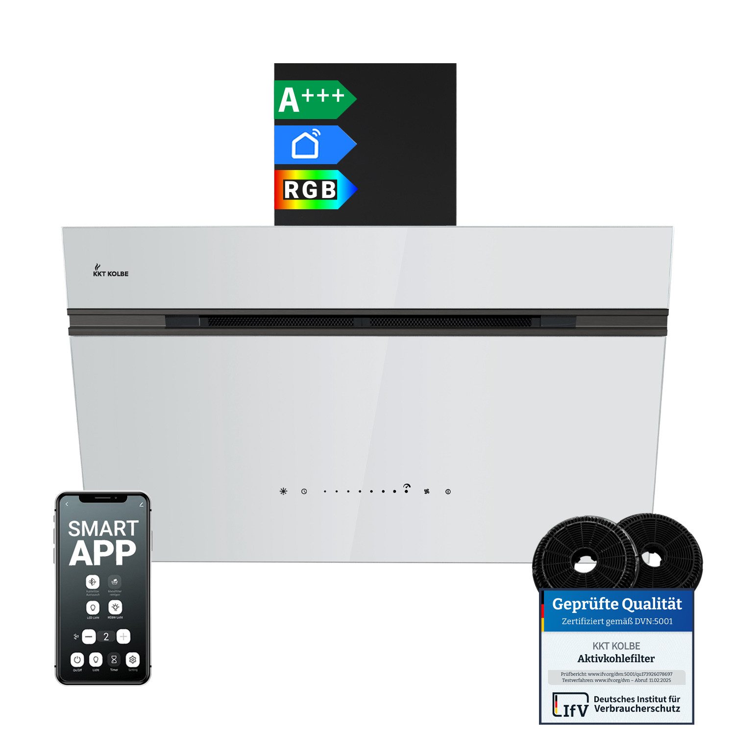 KKT KOLBE Wandhaube Dunstabzugshaube 80cm AURORA8005SW RGBW Ambientebeleuchtung Dunstabzugshaube 80cm AURORA8005SW RGBW Ambientebeleuchtung, Kopffreihaube / Umluft / Abluft / Smart WiFi-App / Schwarz Weiß / Glas