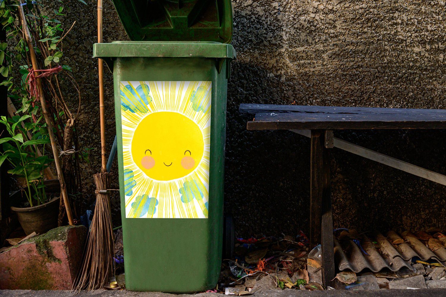 Illustration Sonne MuchoWow Abfalbehälter - St), Sticker, Kinder Mülltonne, Mülleimer-aufkleber, (1 Container, - Wandsticker Gelb -