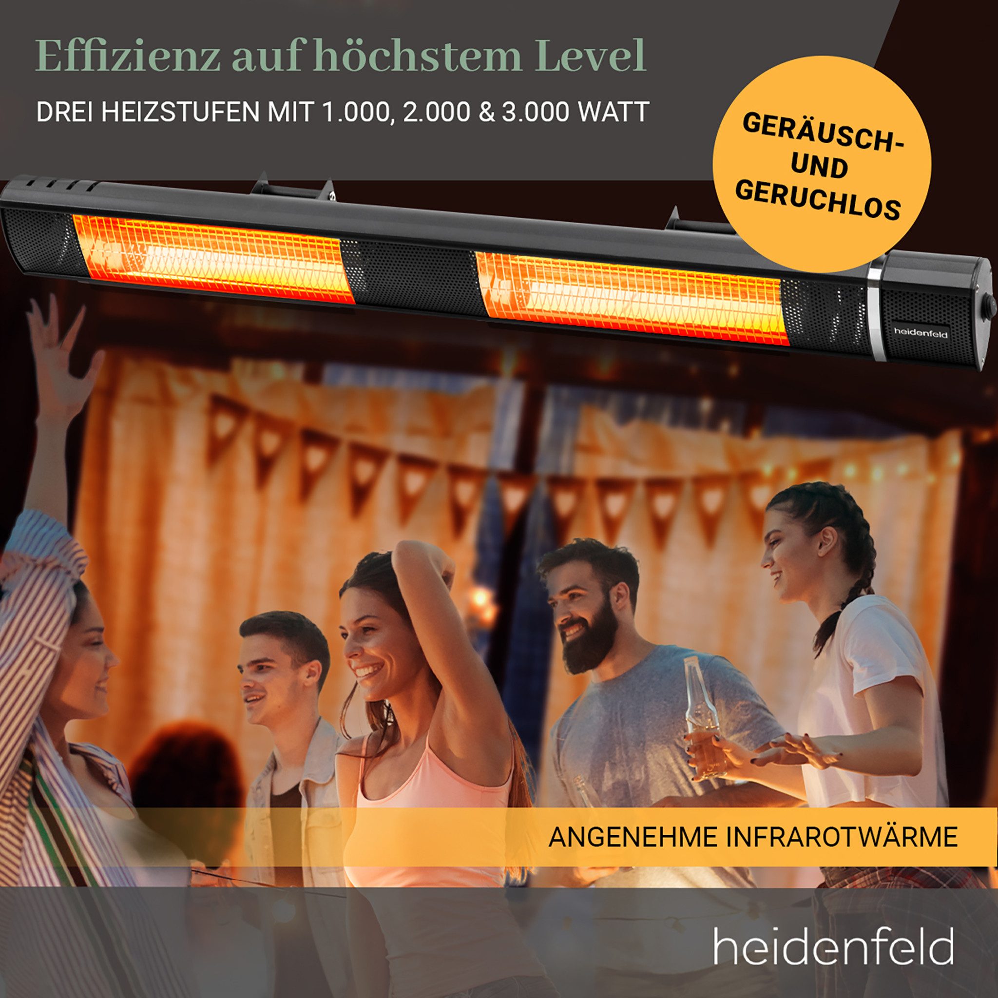 Heidenfeld Heizstrahler für Terrasse IH110, 3 Stufen bis 3.000 Watt, 3 Jahre Garantie, 3000 W, Heizstrahler, Elektroheizung Fernbedienung, Heizstrahler Terrasse