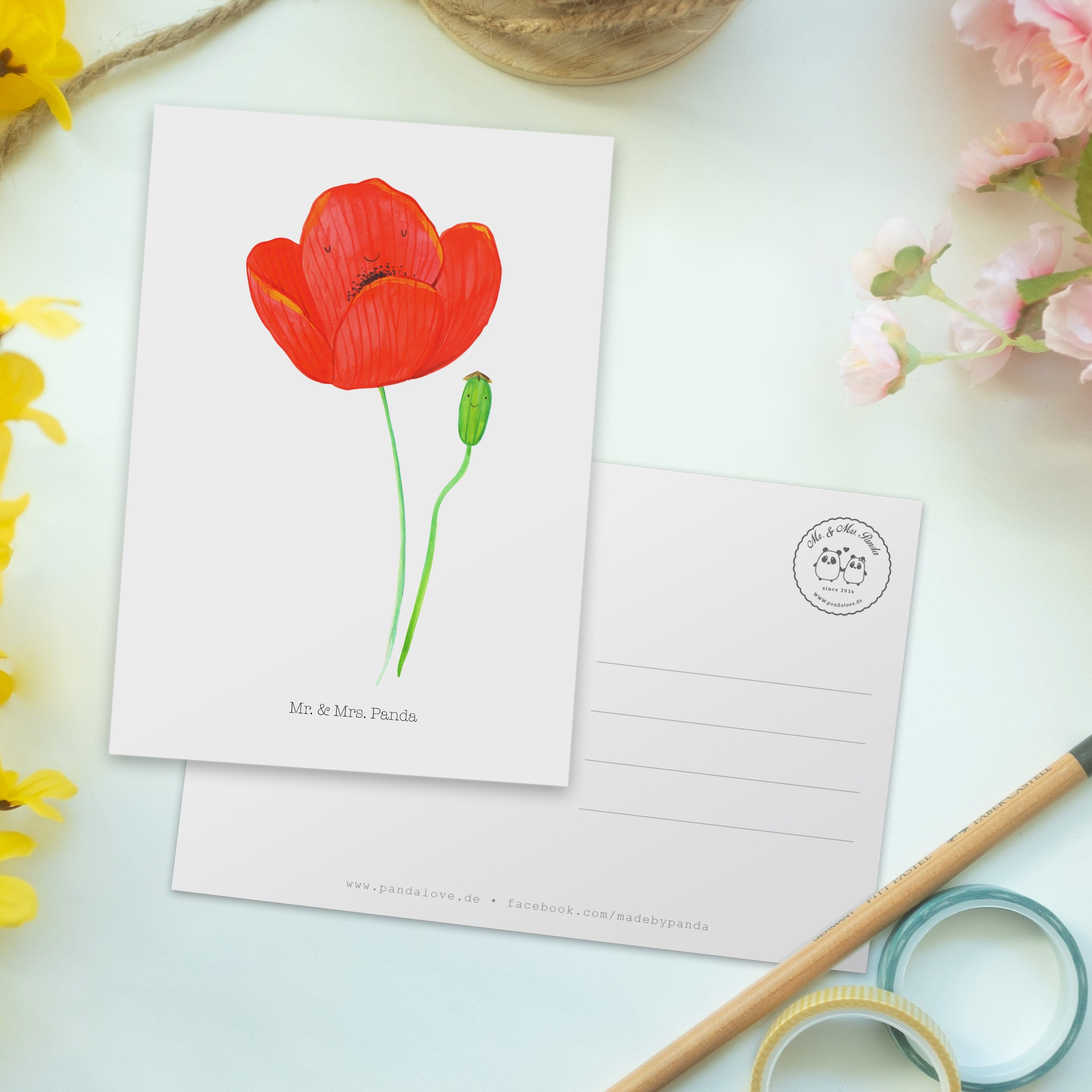 Mr. & - Blumen, Geschenk, Grußkarte, - Mohnblume Weiß Geburt Geschenkkarte, Postkarte Panda Mrs