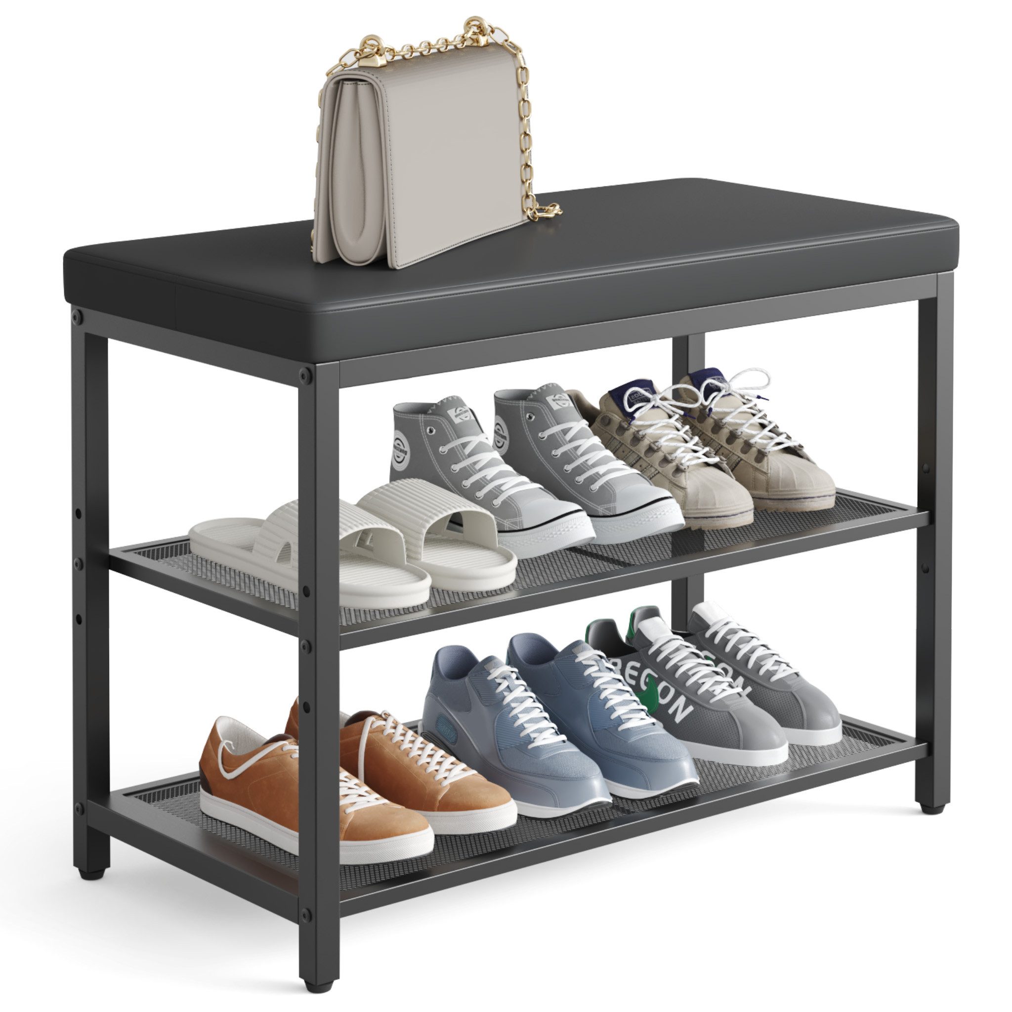 Mondeer Schuhbank Schuhregal (3-stufiges), Gepolsterte Bank mit Kissen und Netzregalen, 60 x 50 x 30 cm