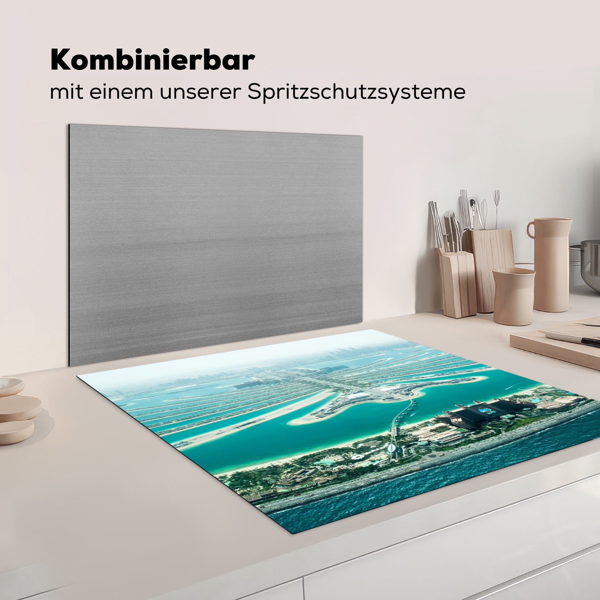 Vinyl, - Arbeitsplatte cm, für Dubai (1 MuchoWow Ceranfeldabdeckung, Palme, Herdblende-/Abdeckplatte Skyline - 78x78 küche tlg),