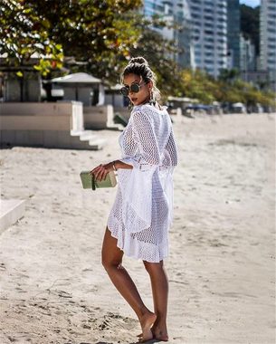 ZWY Strandkleid Damen-Strandrock aus gestricktem Häkel-Bikini-Oberteil (Sexy Strandrock mit V-Ausschnitt für Badeanzug-Abdeckungen) Boho-Stil Sommerkleid,Bluse mit Glockenärmeln