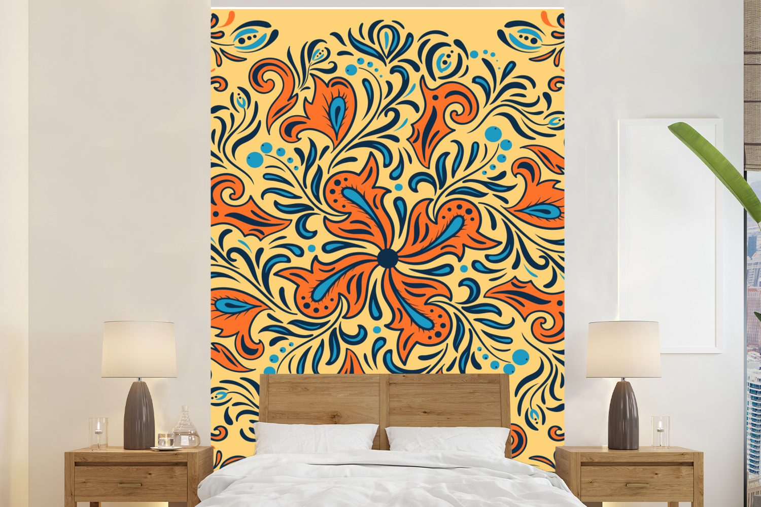 MuchoWow Fototapete Blume - Blätter - Orange - Blau, Matt, bedruckt, (3 St), Montagefertig Vinyl Tapete für Wohnzimmer, Wandtapete