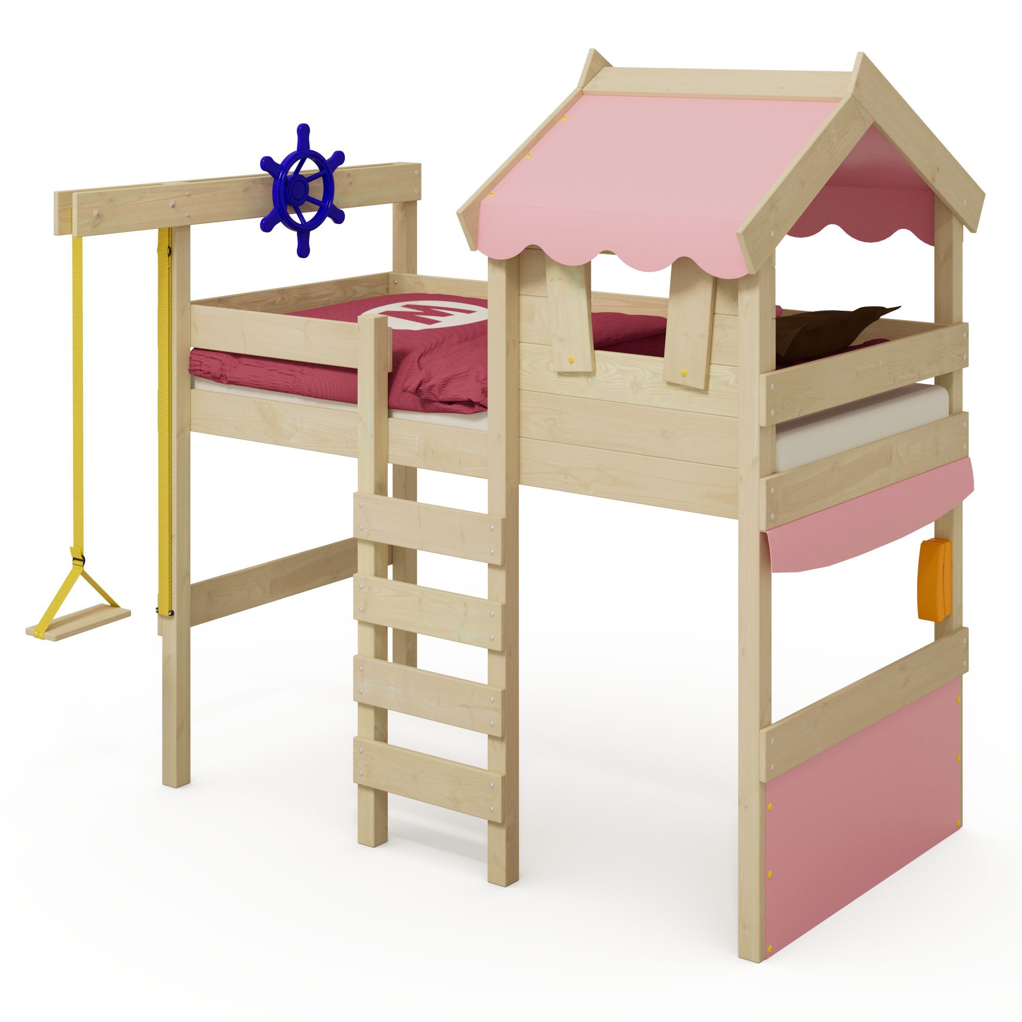 Wickey Kinderbett Hochbett aus Holz Crazy Gloomy – Robustes Abenteuerbett für Kinder (Etagenbett mit Kletterleiter für Kinder), Massivholz