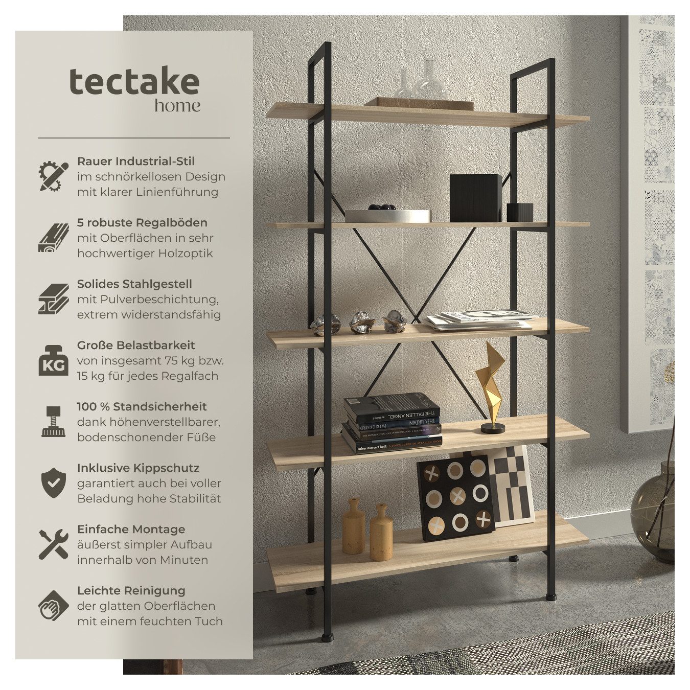 tectake Bücherregal Standregal, inklusive Kippschutz, 106 x 34,5 x 179,5 cm, Holzregal Glasgow 1-tlg., mit 5 Ebenen, mit höhenverstellbaren Kunststofffüßen