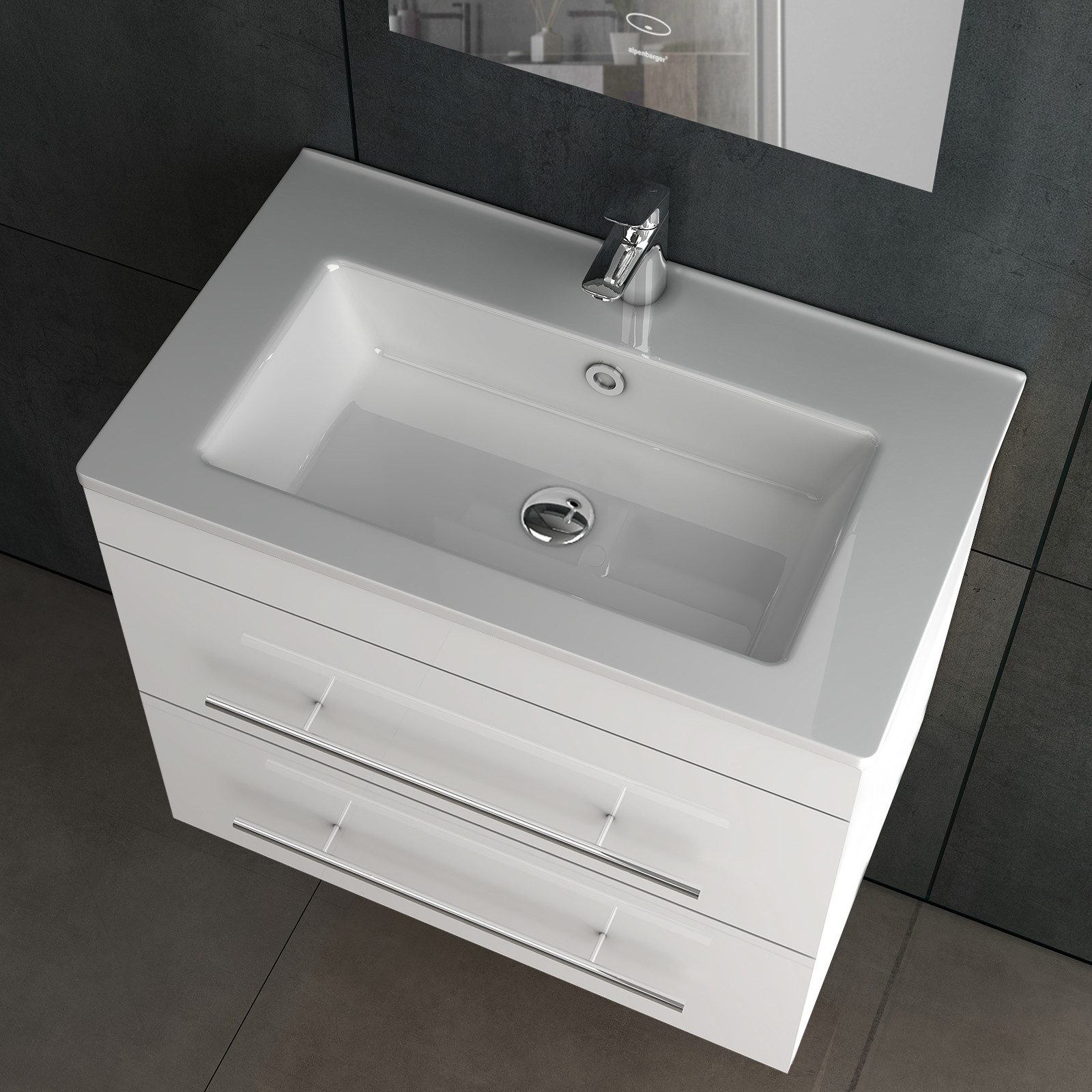 Alpenberger Waschbecken mit Unterschrank 60 cm Breit - Badschrank Badmöbel Set Weiß (Vormontiertes Komplett-Set - Waschplätze, 2-St., 60cm Breit Waschtisch mit  – Bild 4 von 5