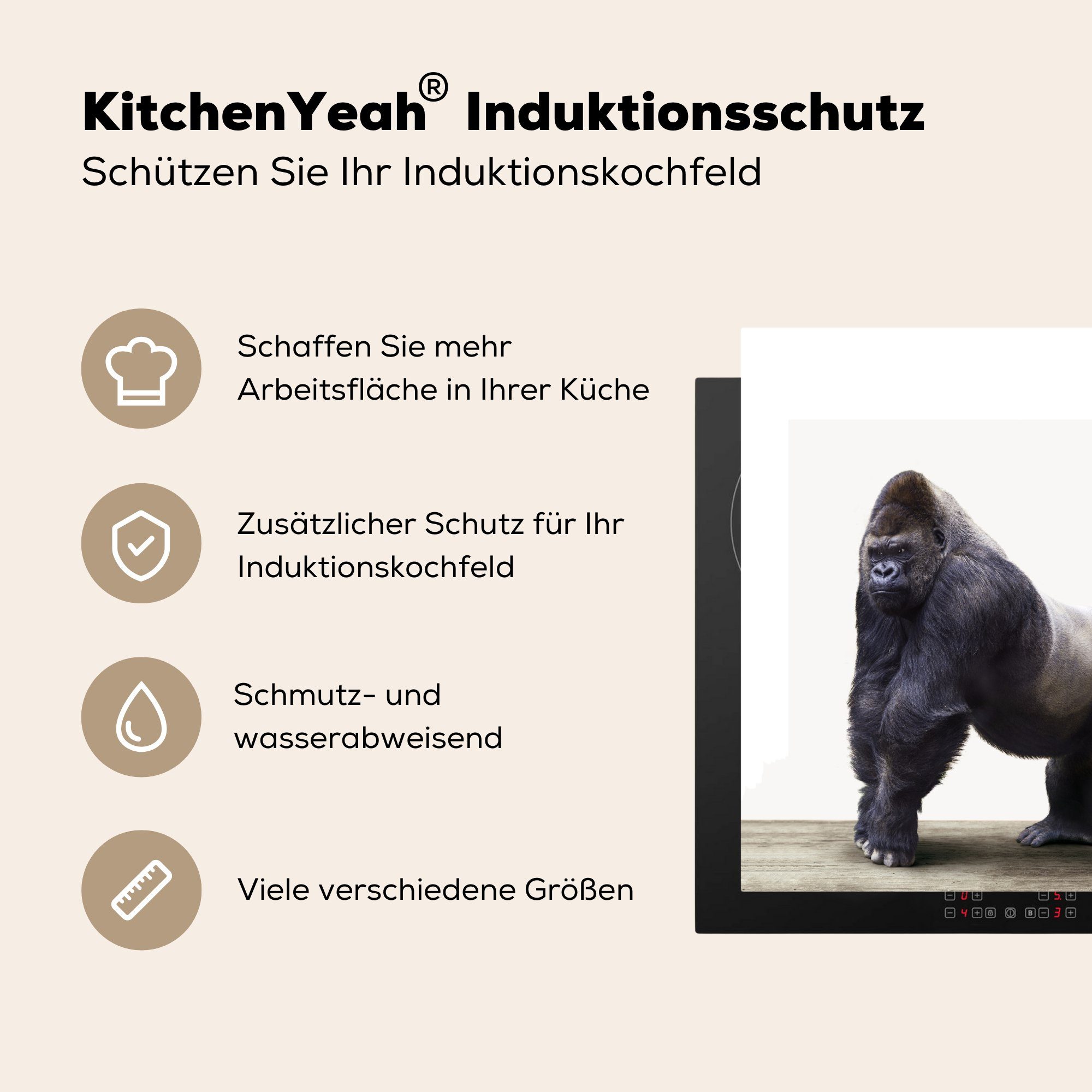 - Affe, 78x78 cm, MuchoWow Arbeitsplatte Gorilla (1 tlg), Ceranfeldabdeckung, - für Herdblende-/Abdeckplatte Vinyl, Tier küche