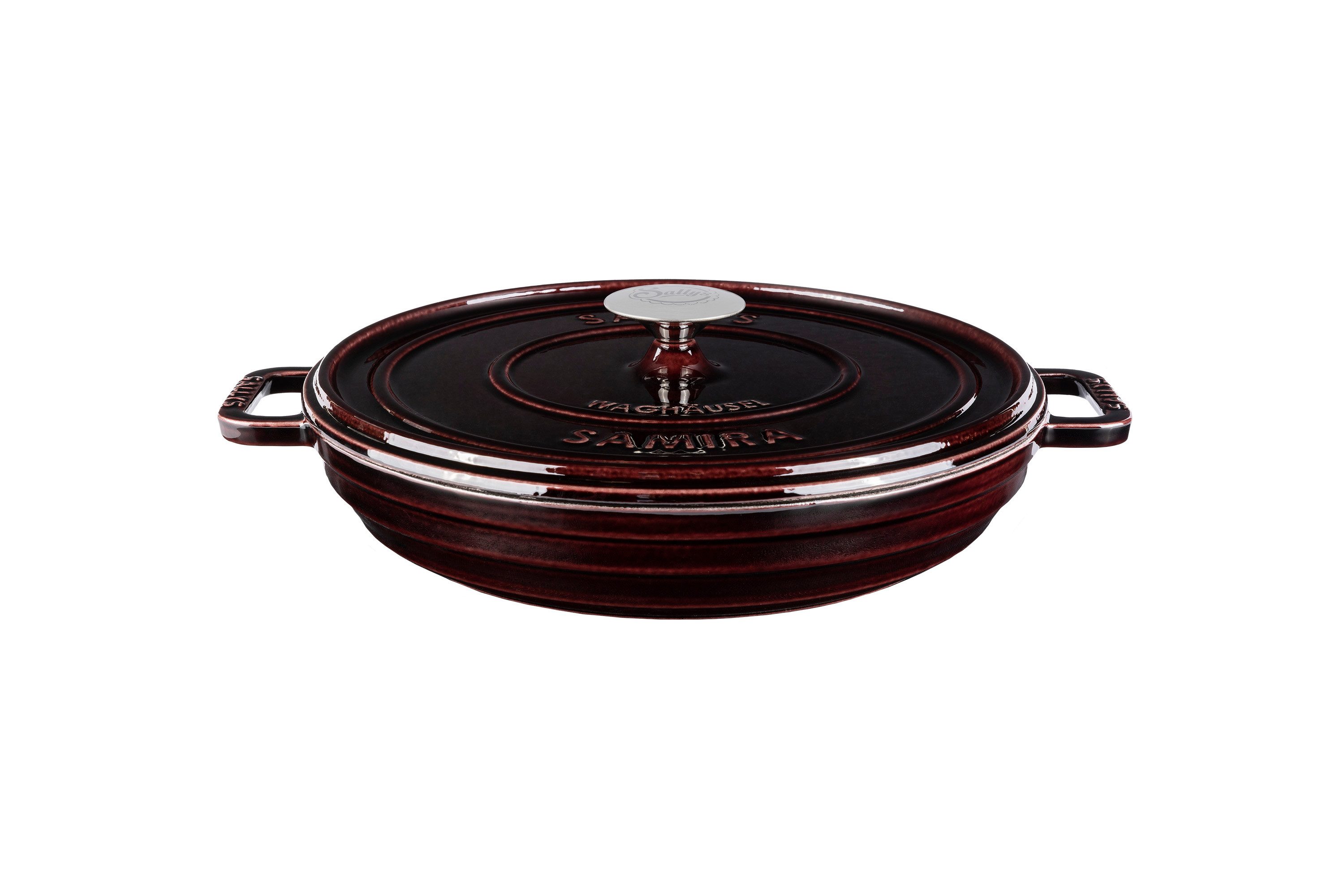 Sallys Schmortopf Hochwertiger Gusseisentopf Samira, 3L Bräter in Ø 32 cm, Vollgusseisen mit hochwertiger Emaille-Beschichtung (Schmortopf mit Deckel, flacher Bräter, gleichmäßige Wärmeverteilung, ofenfest bis 250 °C), ideal zum Schmoren, Braten & Backen