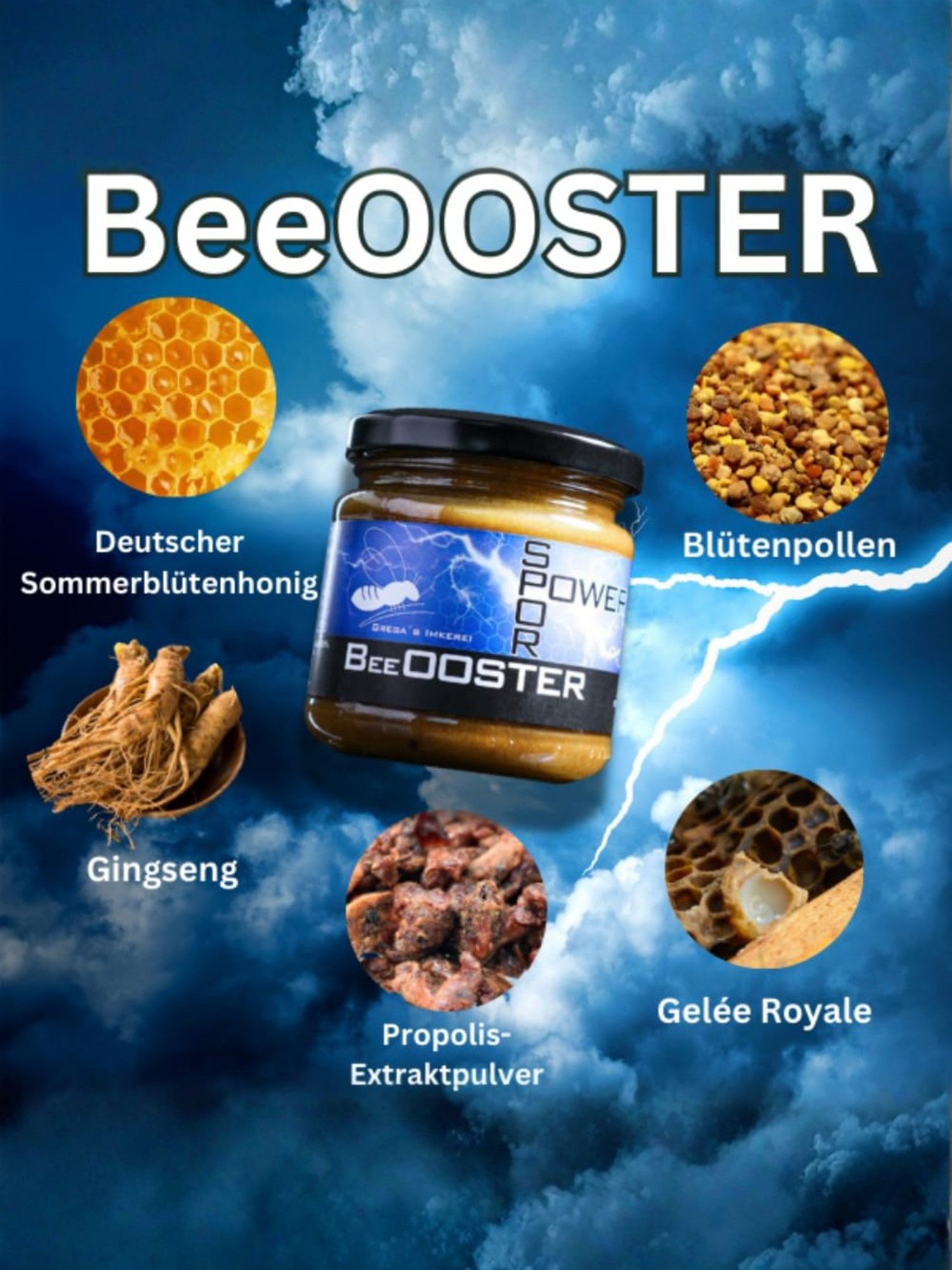 Grega´s Imkerei Honig BeeOOSTER Sport Power, 1 x 250 g, (im Glas die 5-fach Kraft aus Honig, Blütenpollen (30), Gelée Royale (5), Ginseng und Propolis), Handgemacht in NRW, laborgeprüft und ohne künstliche Zusätze.