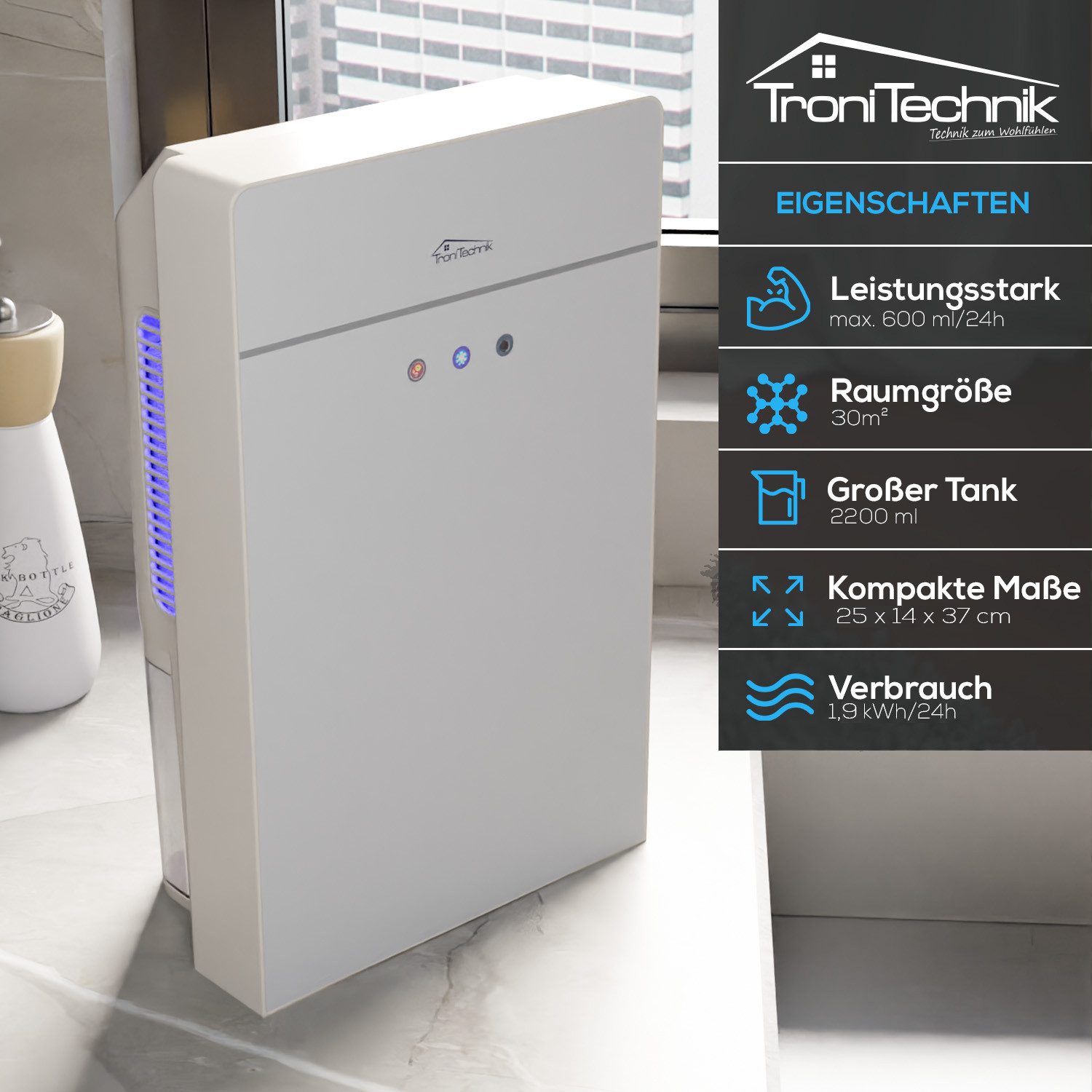 TroniTechnik Luftentfeuchter Raumentfeuchter Trockner, Entfeuchtung 0.6 l/Tag, automatische Abschaltung, Tank abnehmbar
