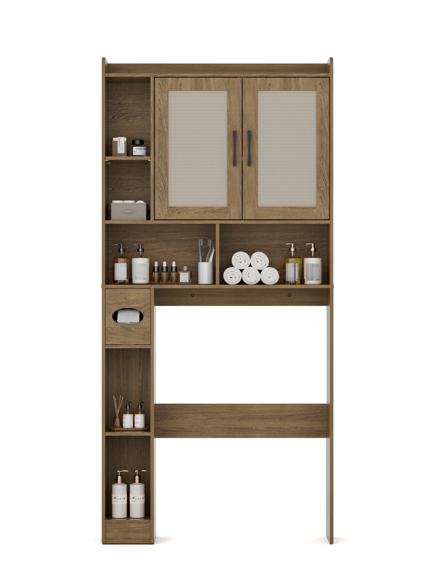 FiveWillowise Badkommode Badezimmerregal mit Schrank - 82x20x172 cm (1 St), Eiche Rattan, Toilettenschrank mit Türen & Regalen